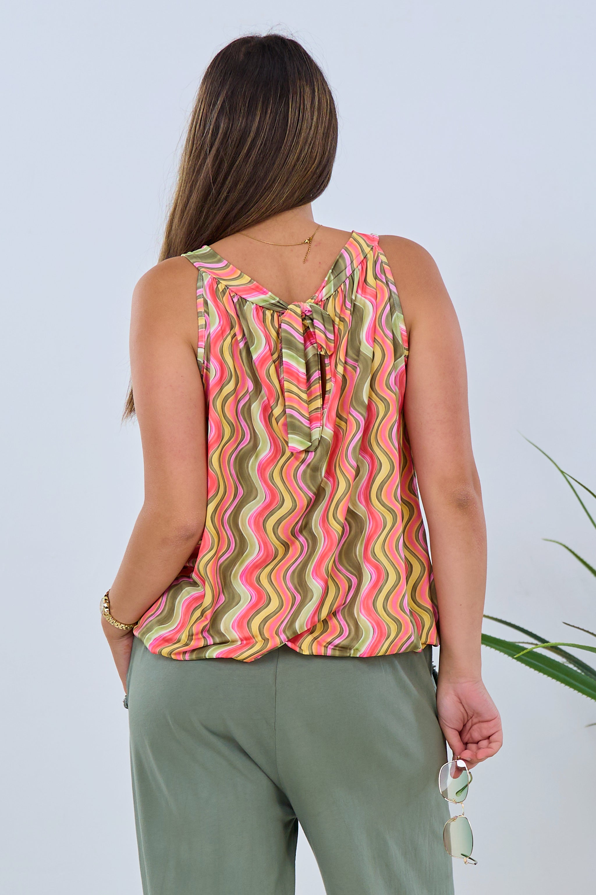 Neckholder Top mit Retro-Muster, khaki-pink-gelb mit elastischem Bund