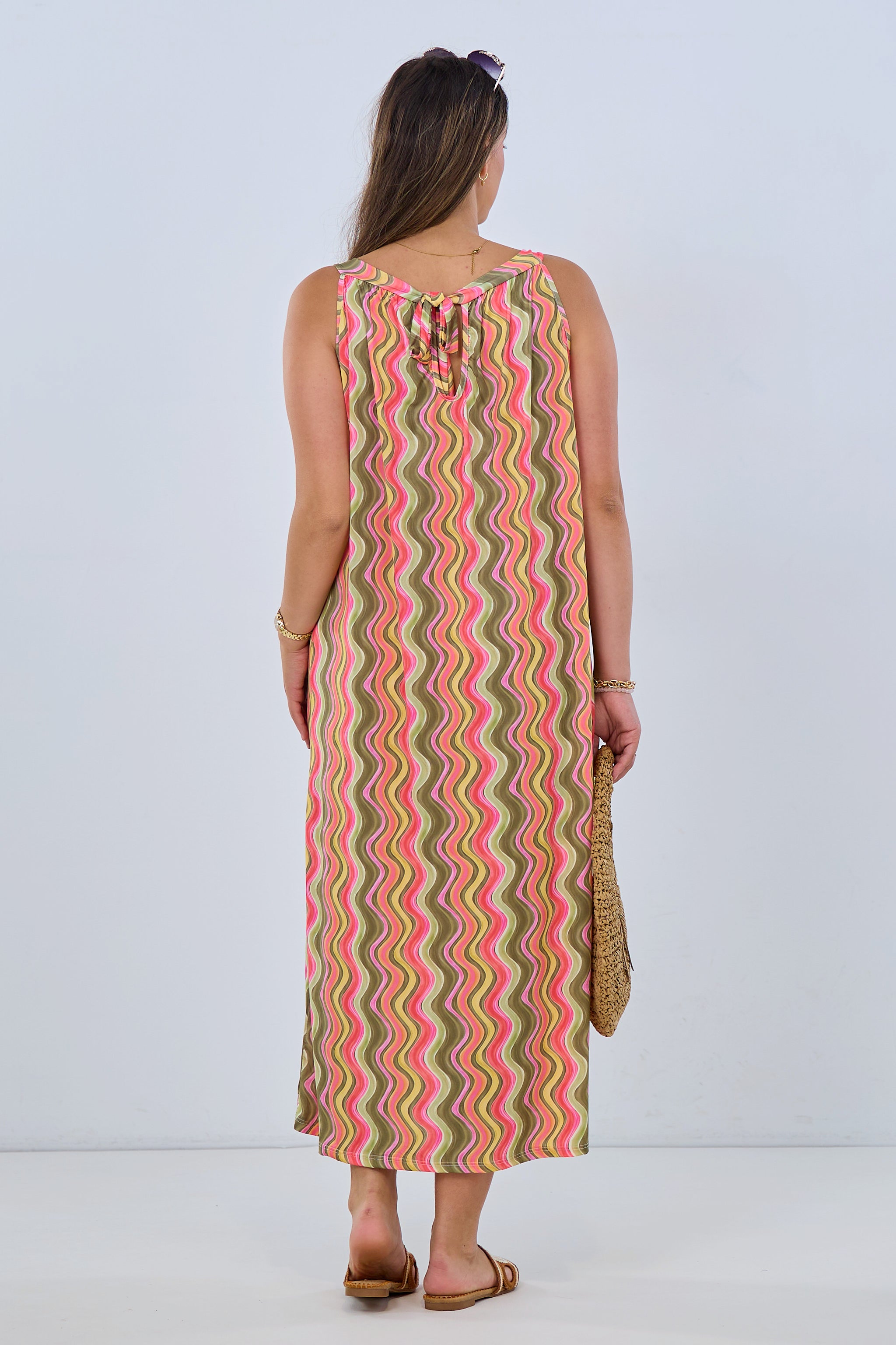 Long halter dress with retro pattern, khaki-pink-yellow