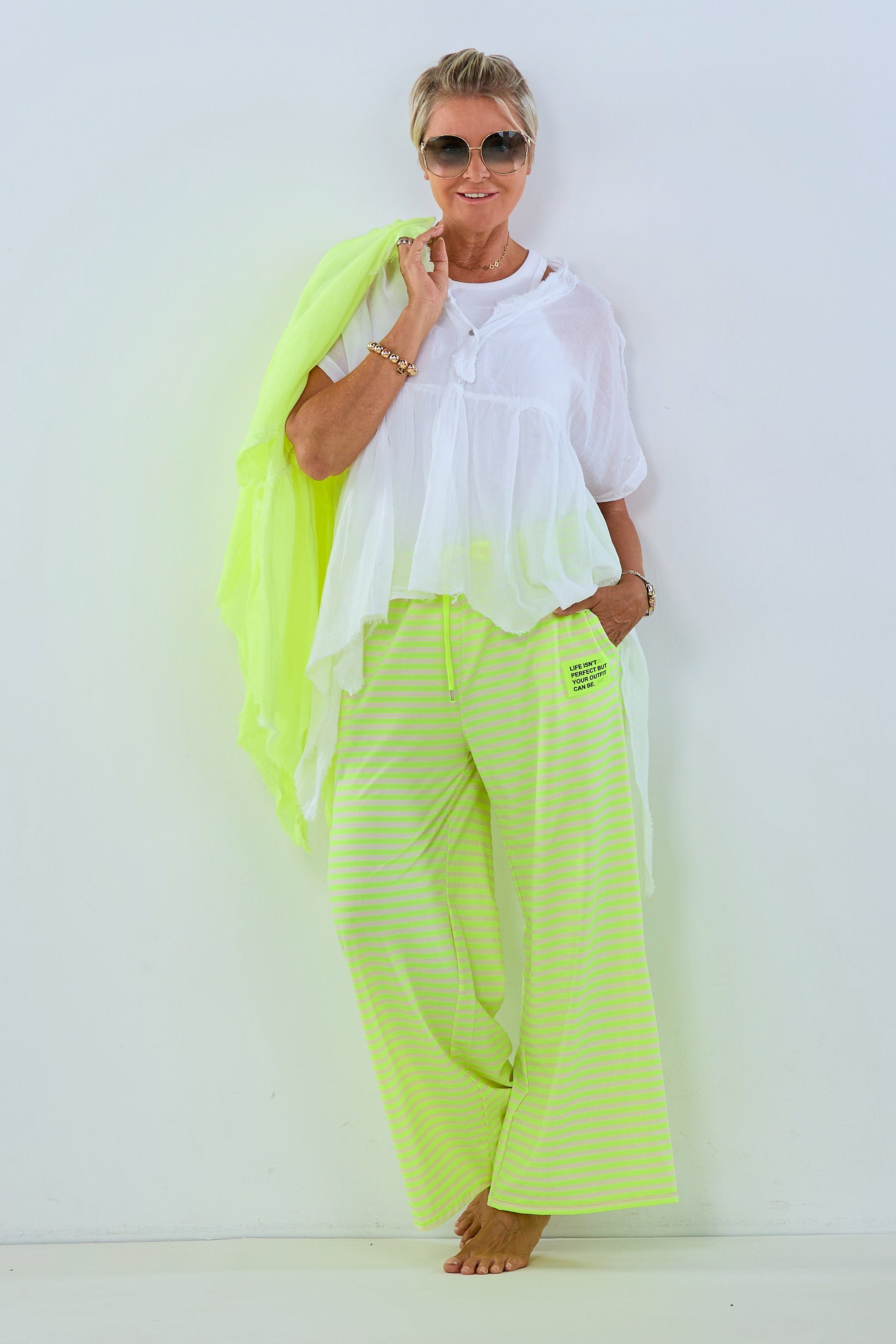 Striped pants, neon yellow-pink