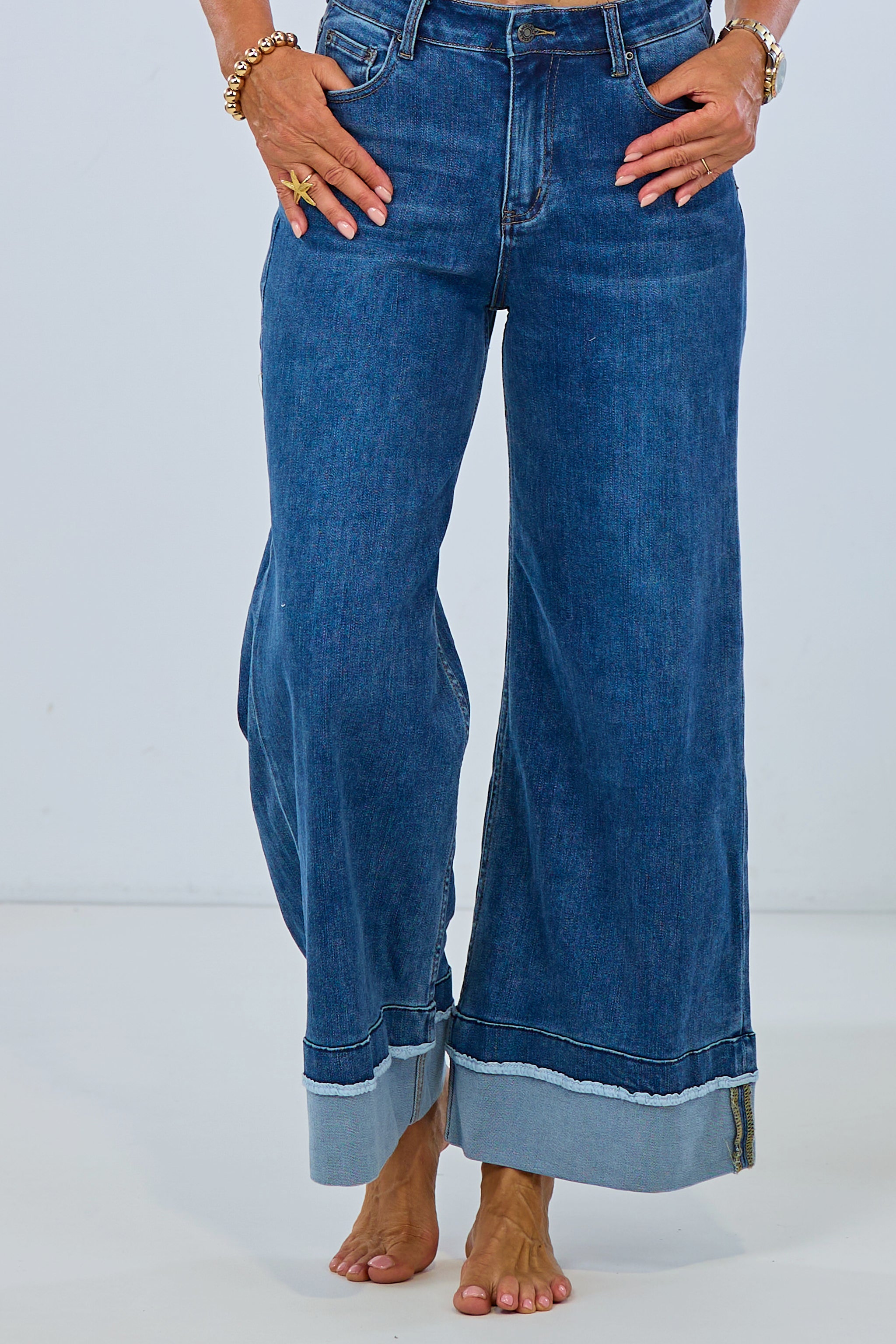 Highwaist Jeans mit breitem Aufschlag, denim blue