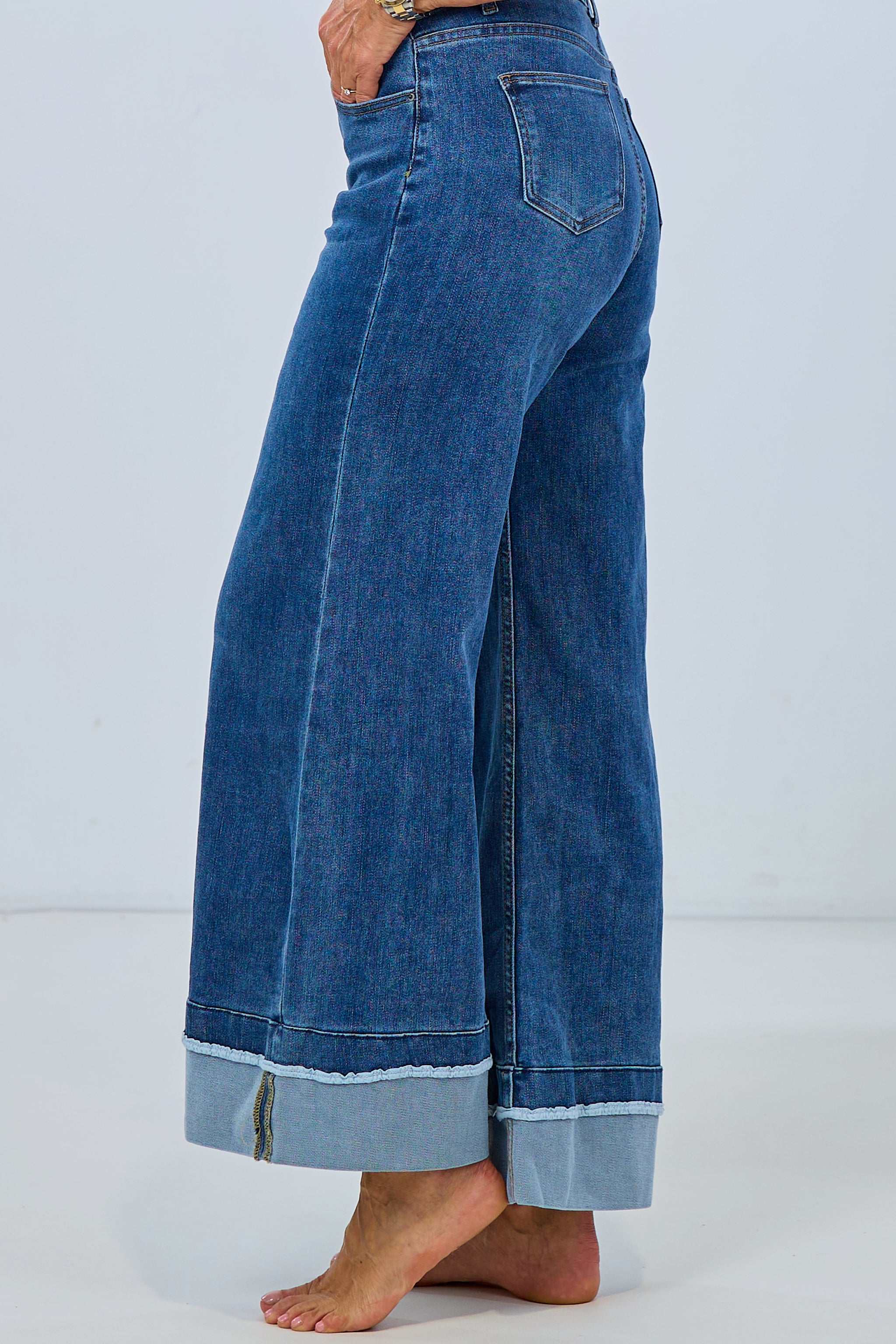 Highwaist Jeans mit breitem Aufschlag, denim blue