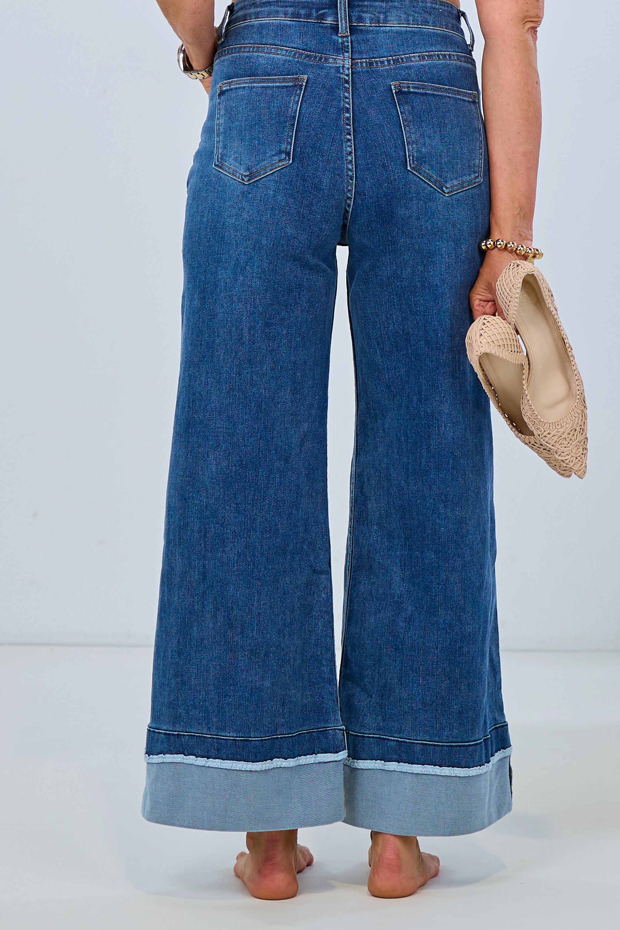 Highwaist Jeans mit breitem Aufschlag, denim blue