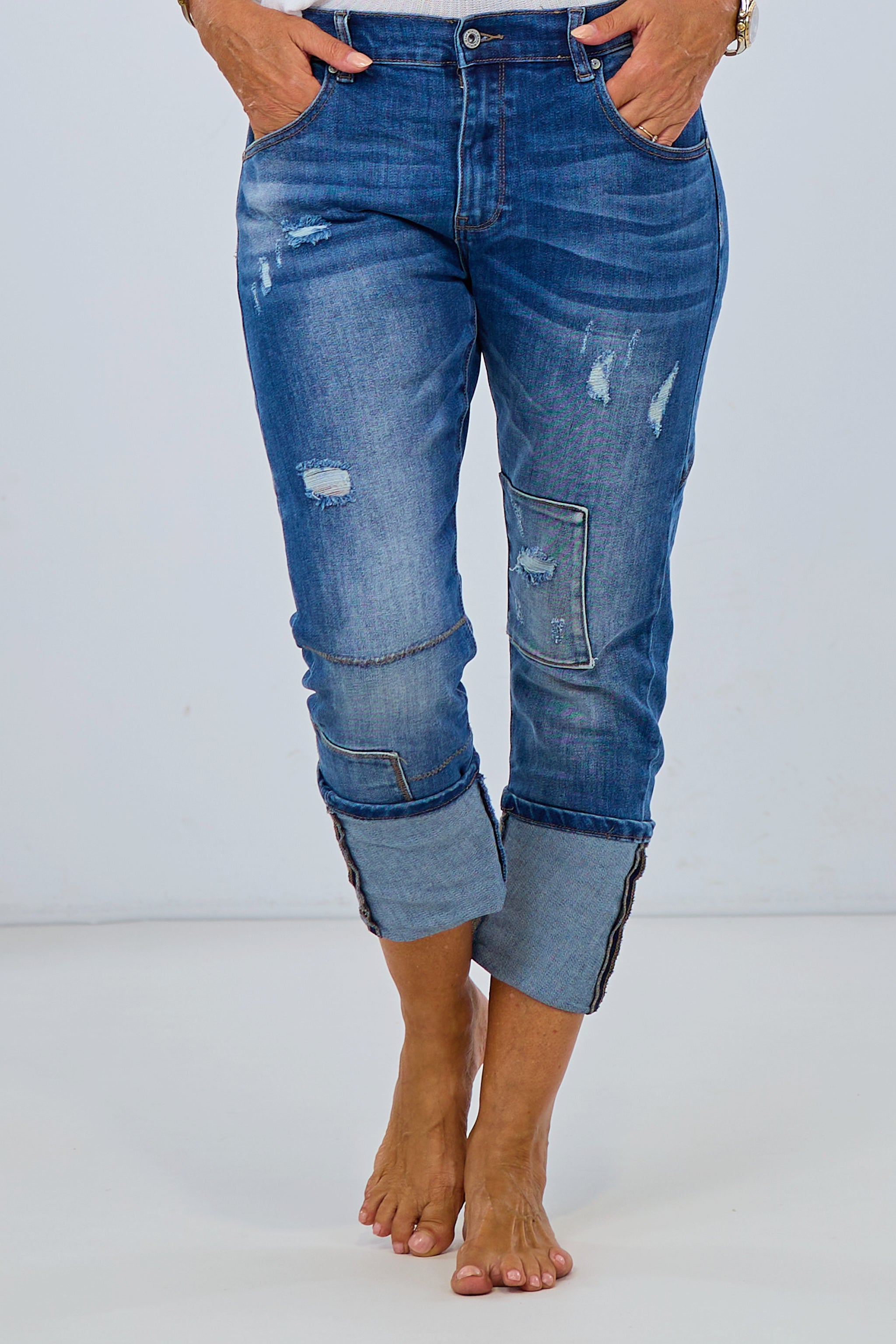 Jeans with jeans patches, denim destroyed