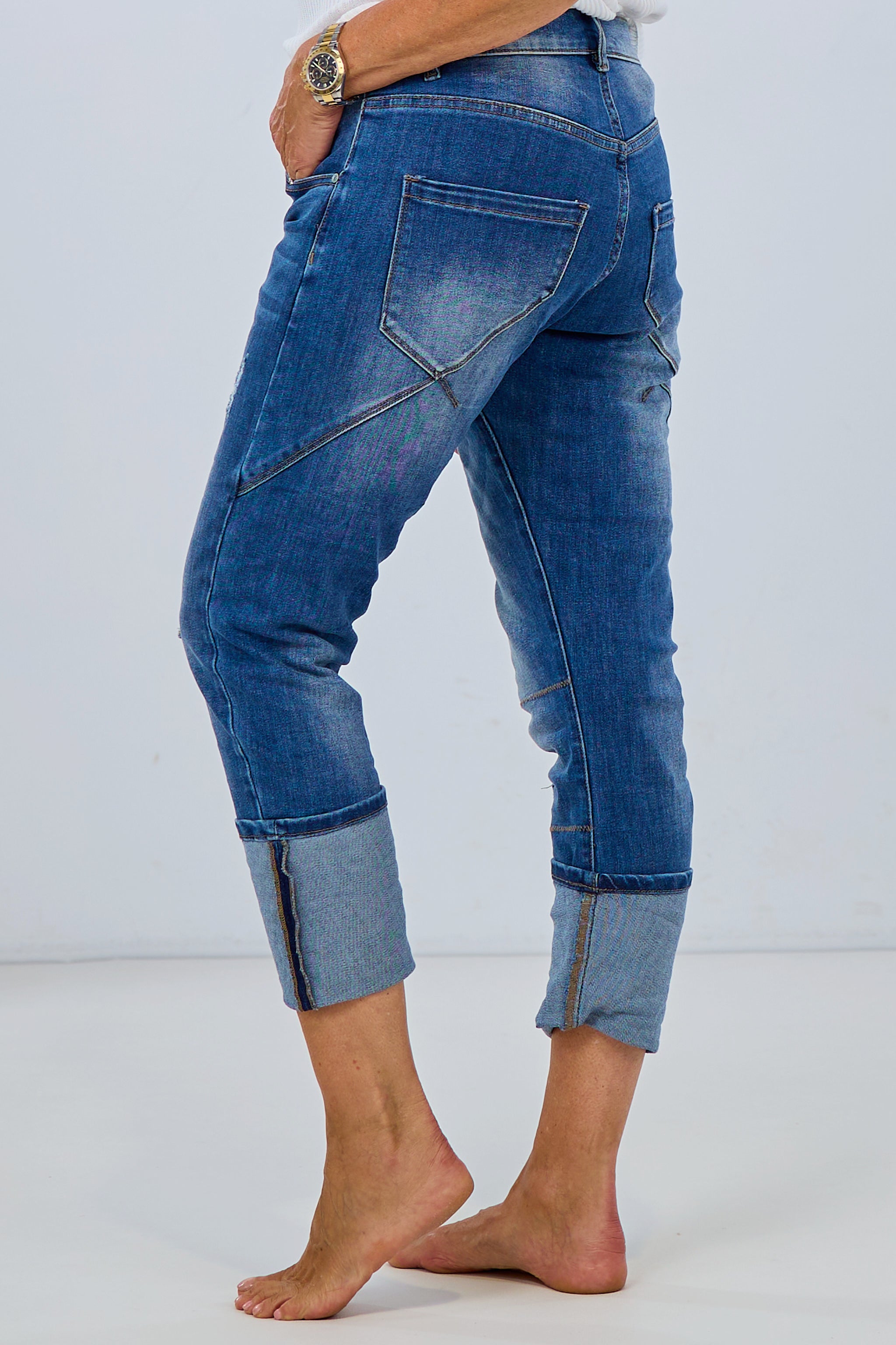 Jeans with jeans patches, denim destroyed