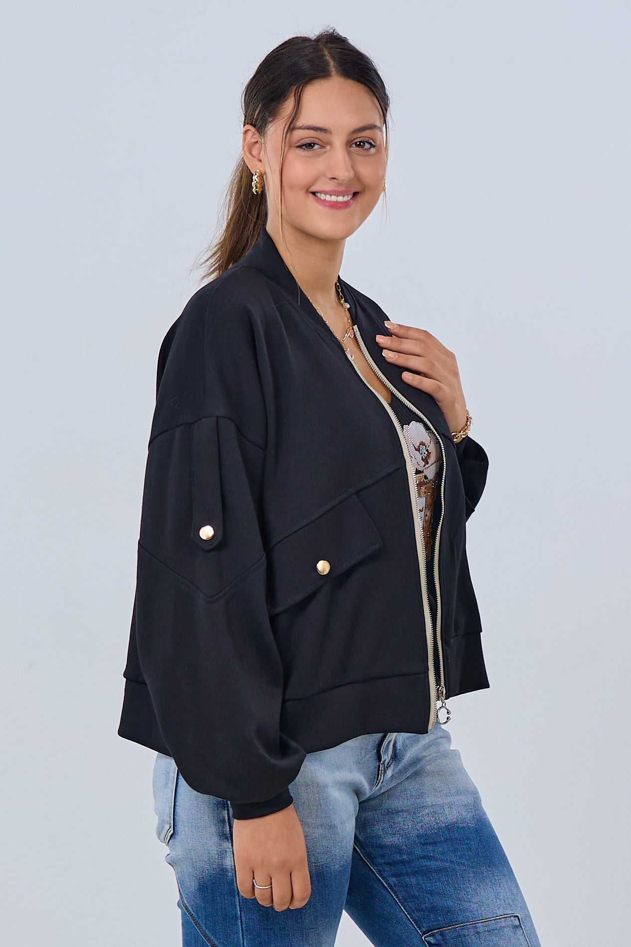 Weicher Blouson mit Reißverschluss, schwarz-beige