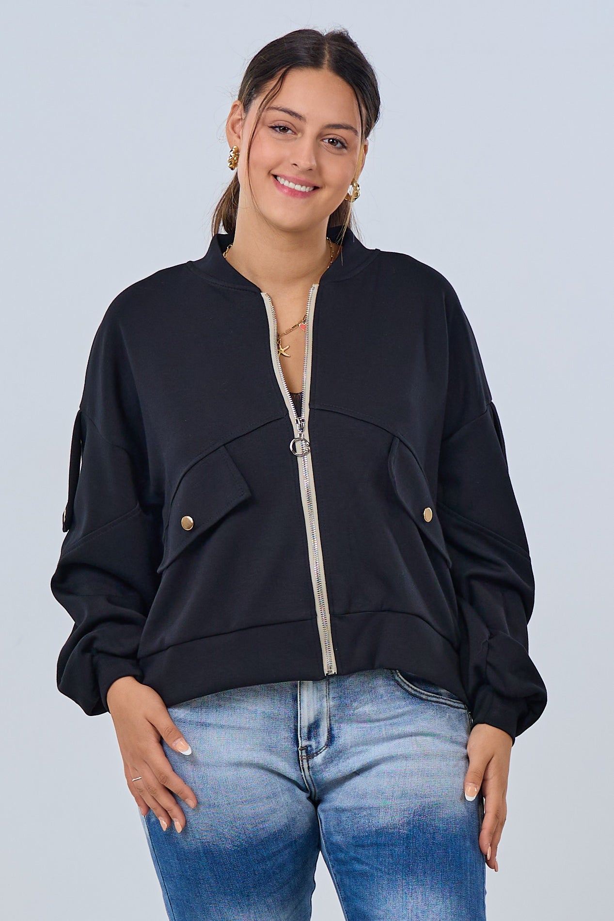 Weicher Blouson mit Reißverschluss, schwarz-beige