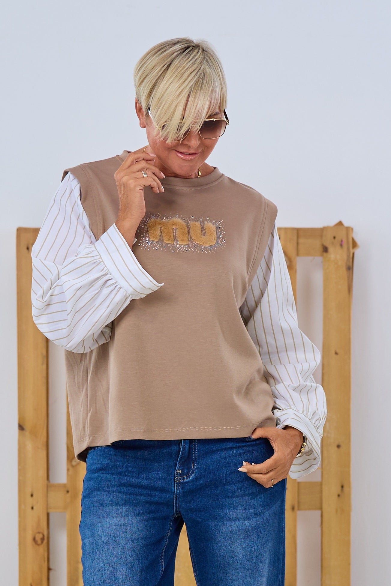 Shirt mit Blusenärmeln, taupe-ecru