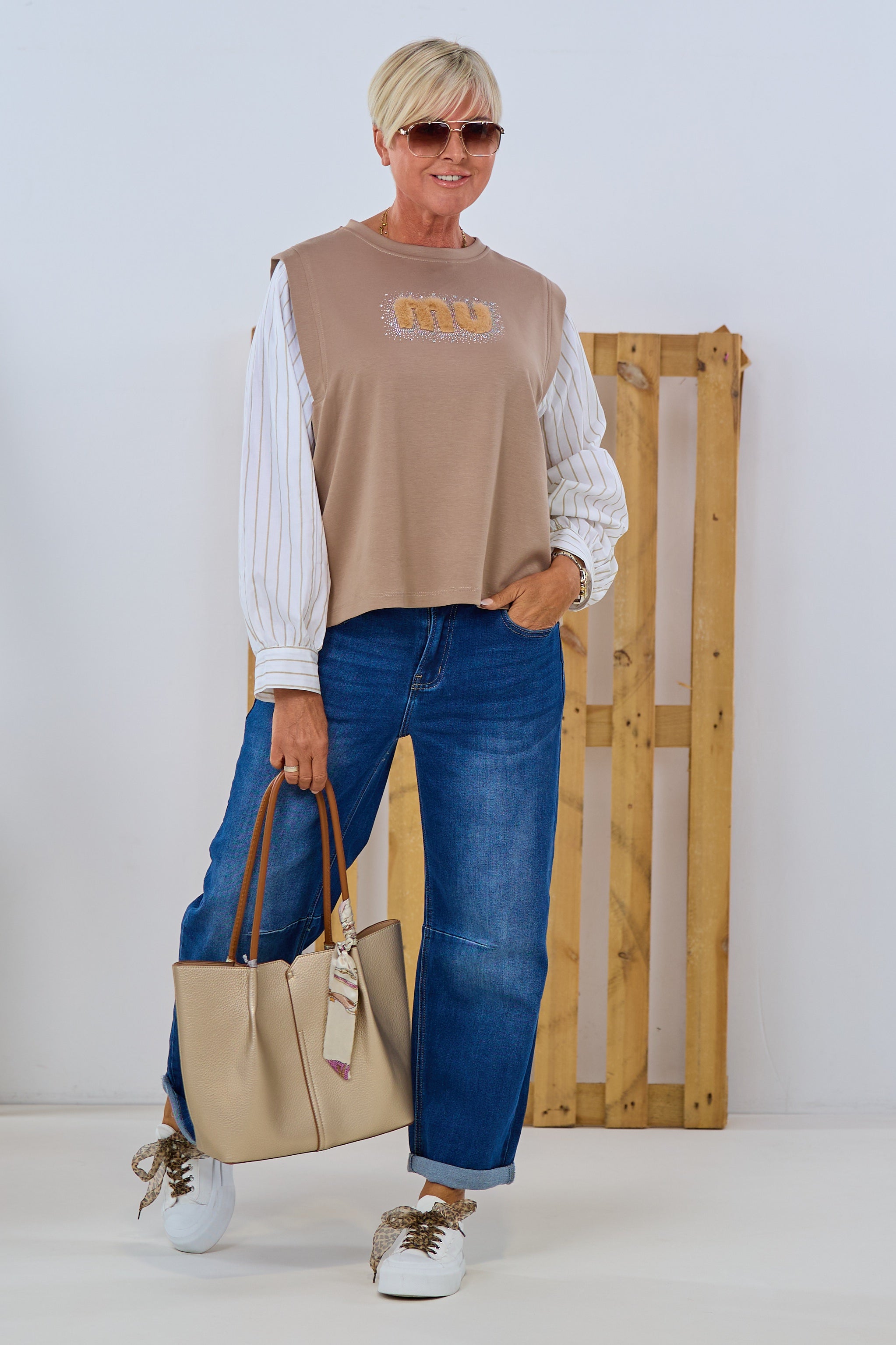 Shirt mit Blusenärmeln, taupe-ecru