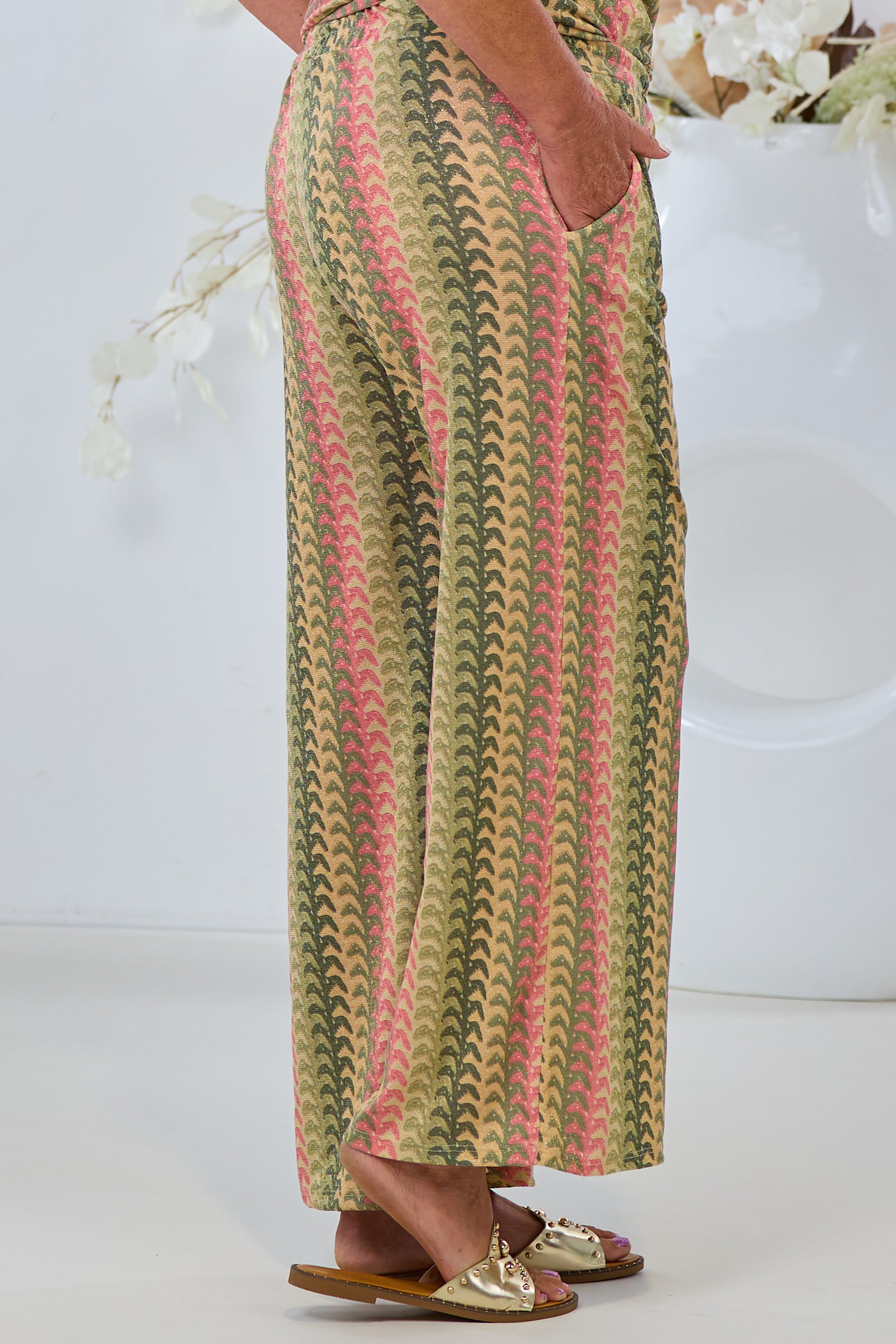Hose mit Retromuster, khaki-rosa-gold