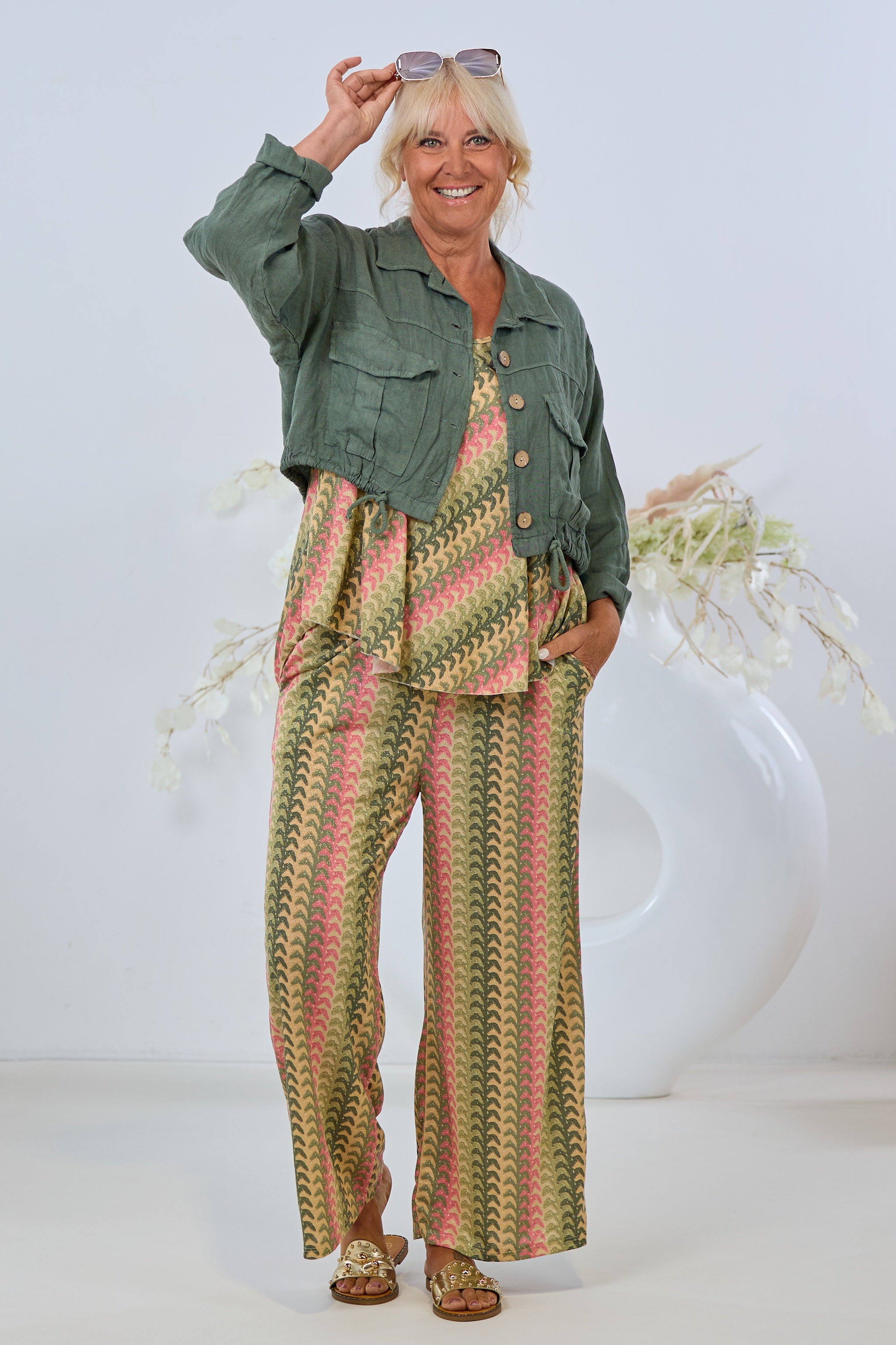 Hose mit Retromuster, khaki-rosa-gold