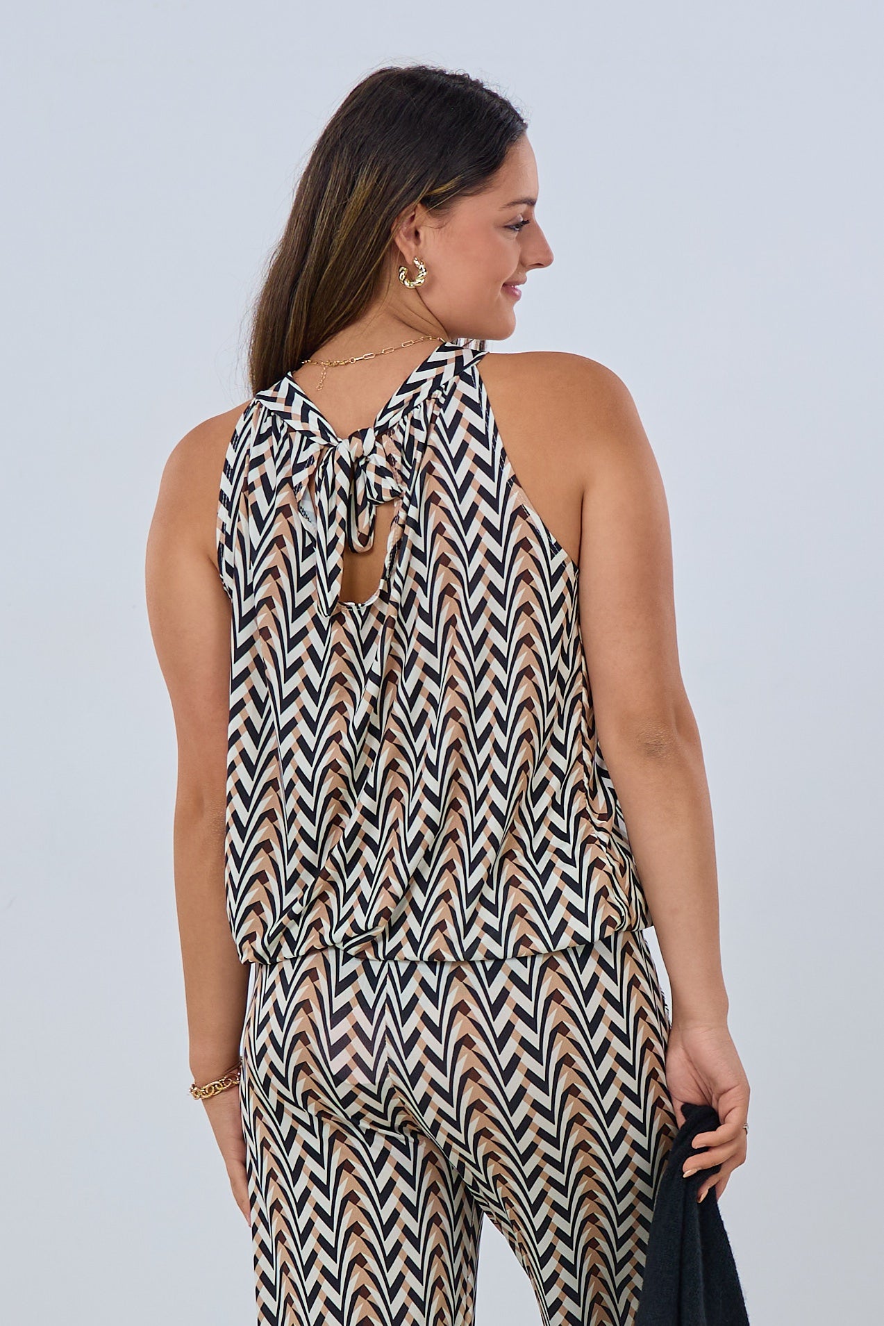 Neckholder Top, schwarz-taupe-beige