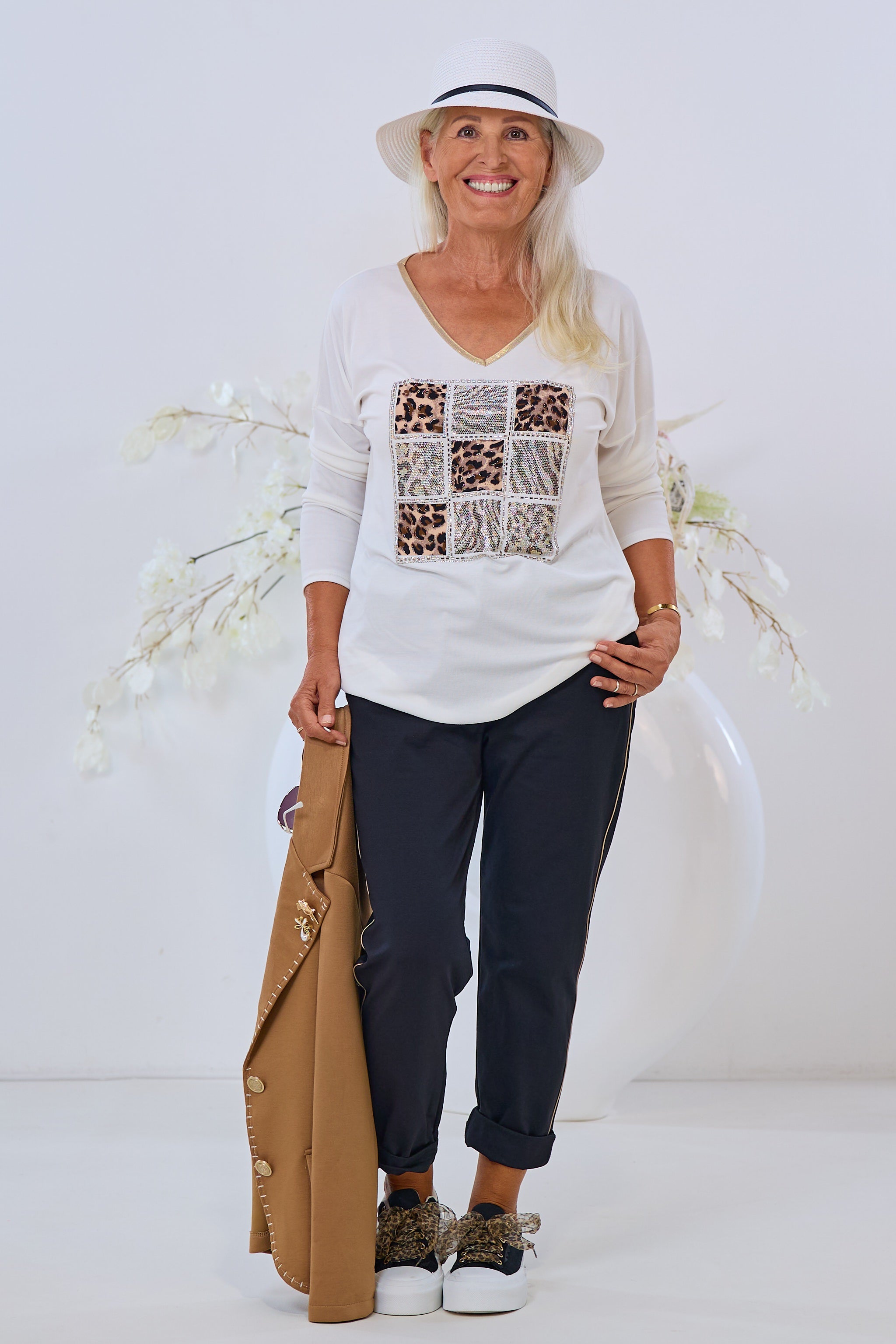 Langarm Shirt mit Glitzermotiv, ecru-gold