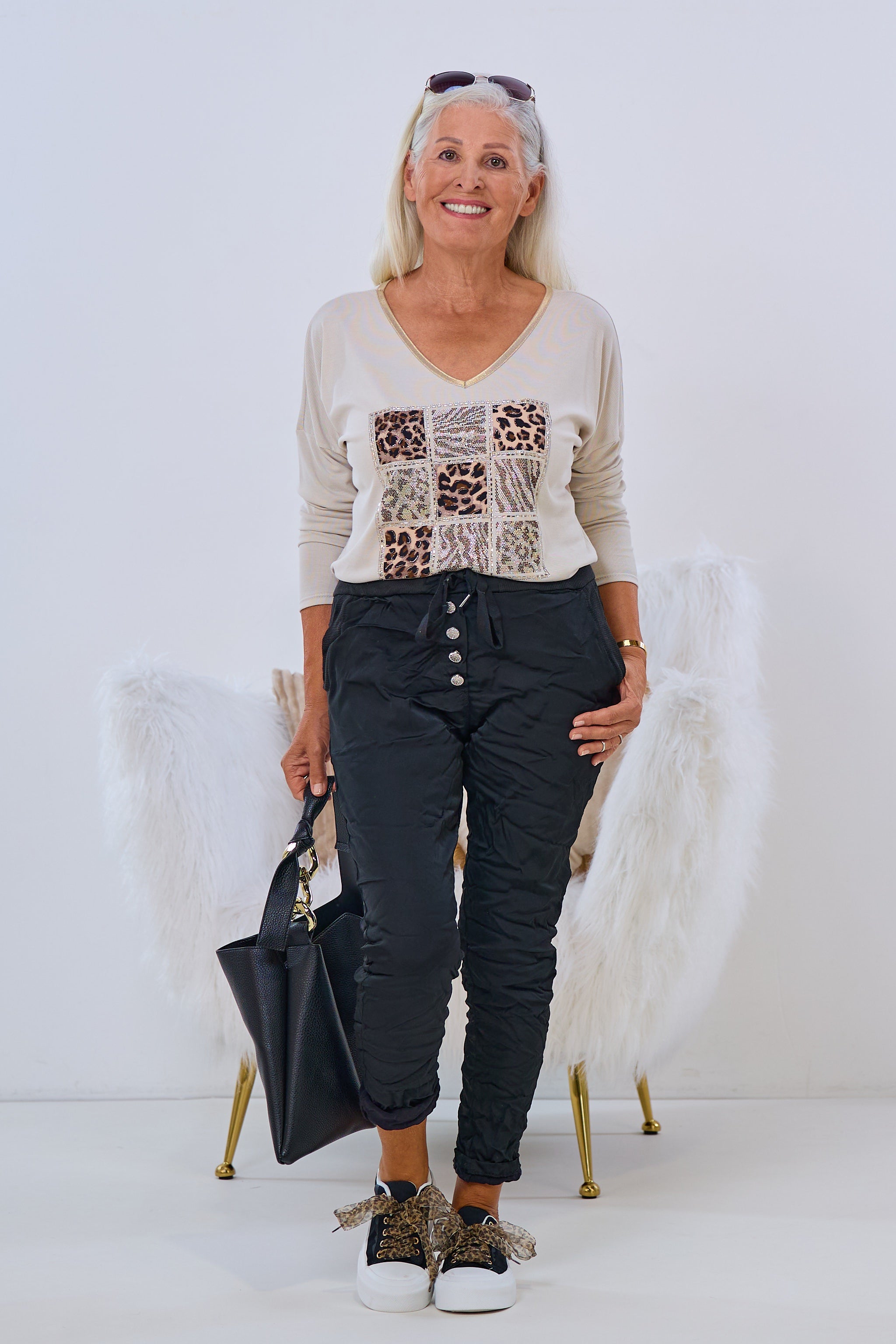 Langarm Shirt mit Glitzermotiv, beige-gold