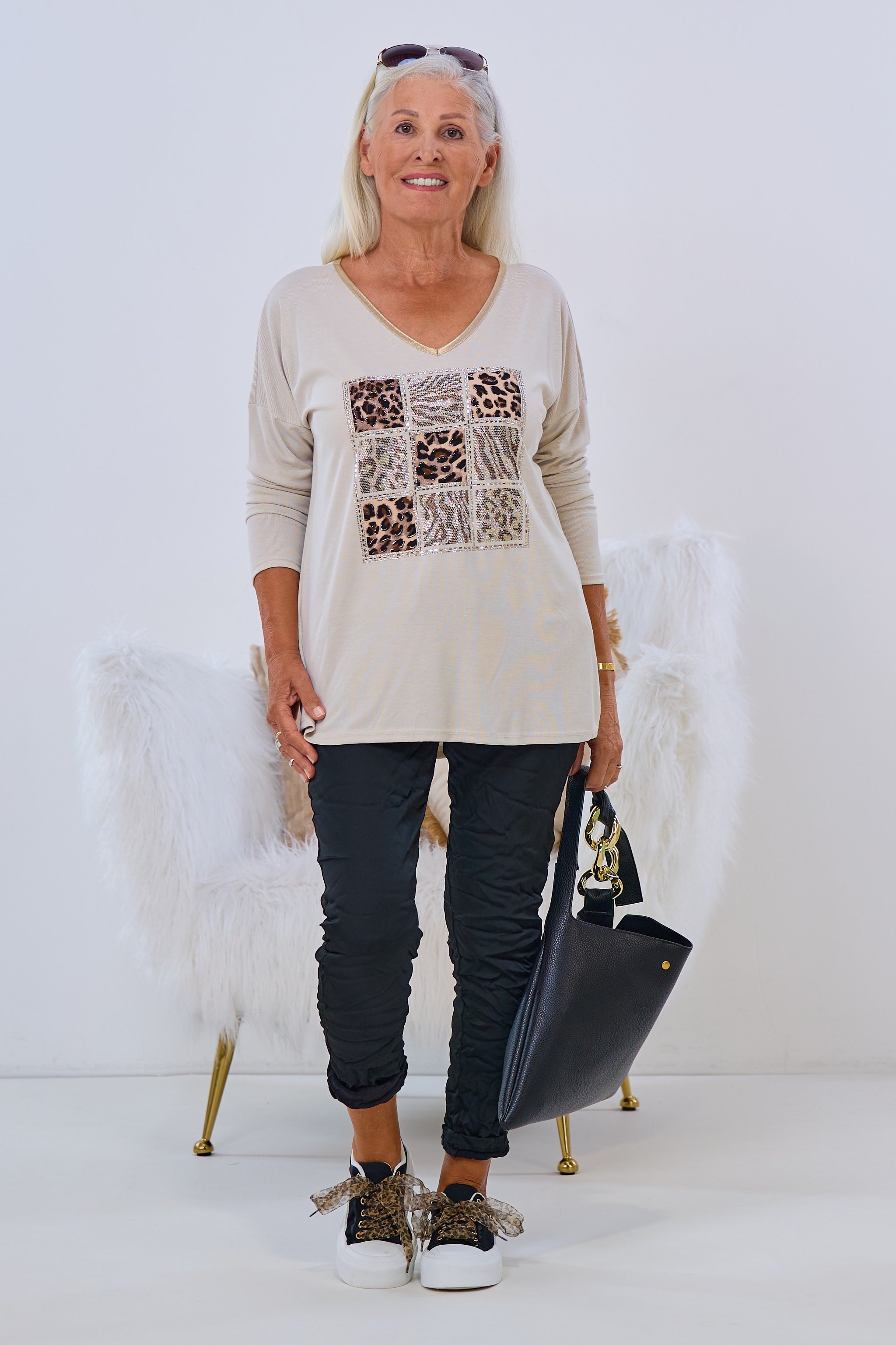 Langarm Shirt mit Glitzermotiv, beige-gold