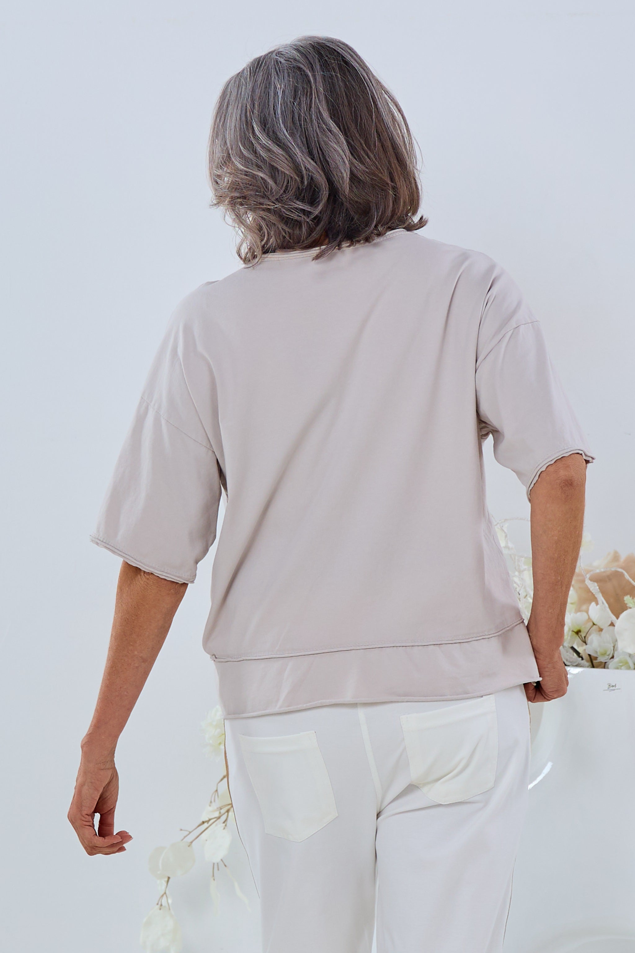 kurzarm Basic Shirt mit Rollsaum, beige