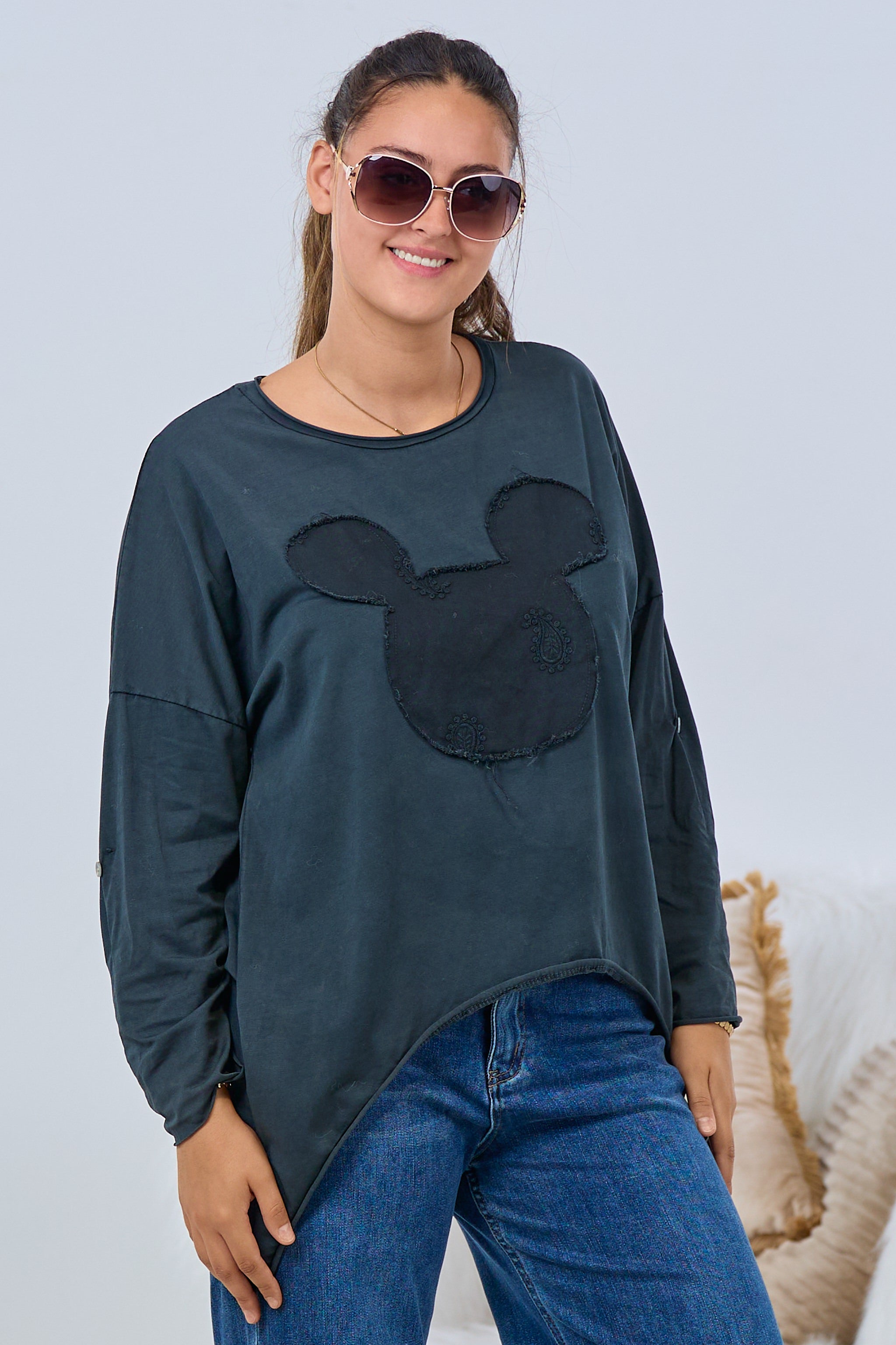 Langarm Shirt mit süßem Motiv, anthrazit