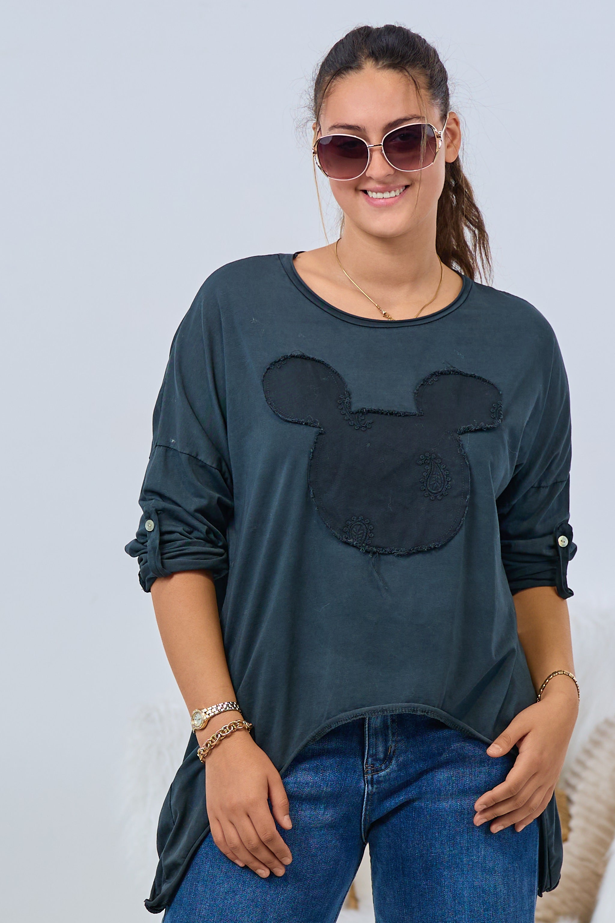 Langarm Shirt mit süßem Motiv, anthrazit
