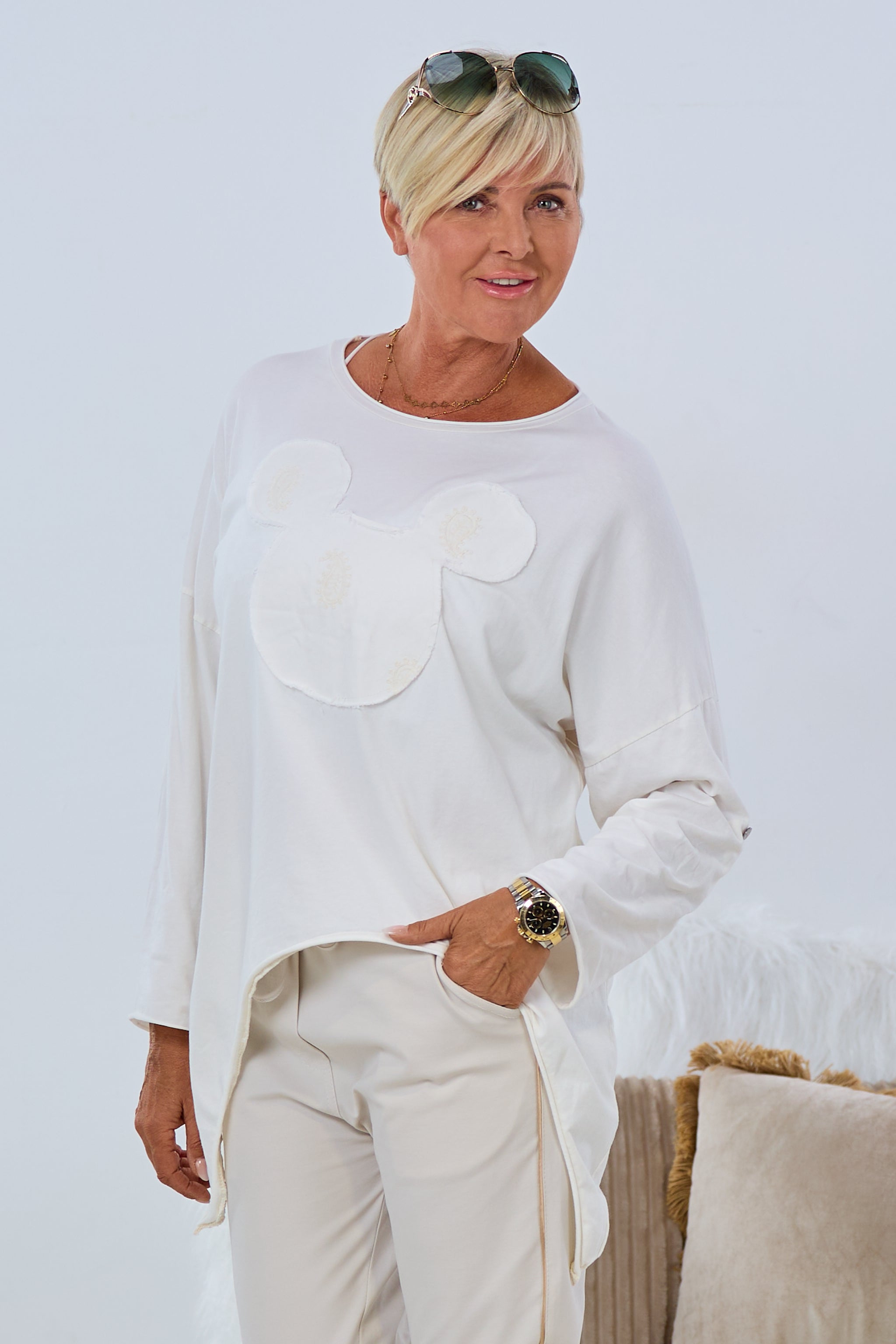 Langarm Shirt mit süßem Motiv, ecru