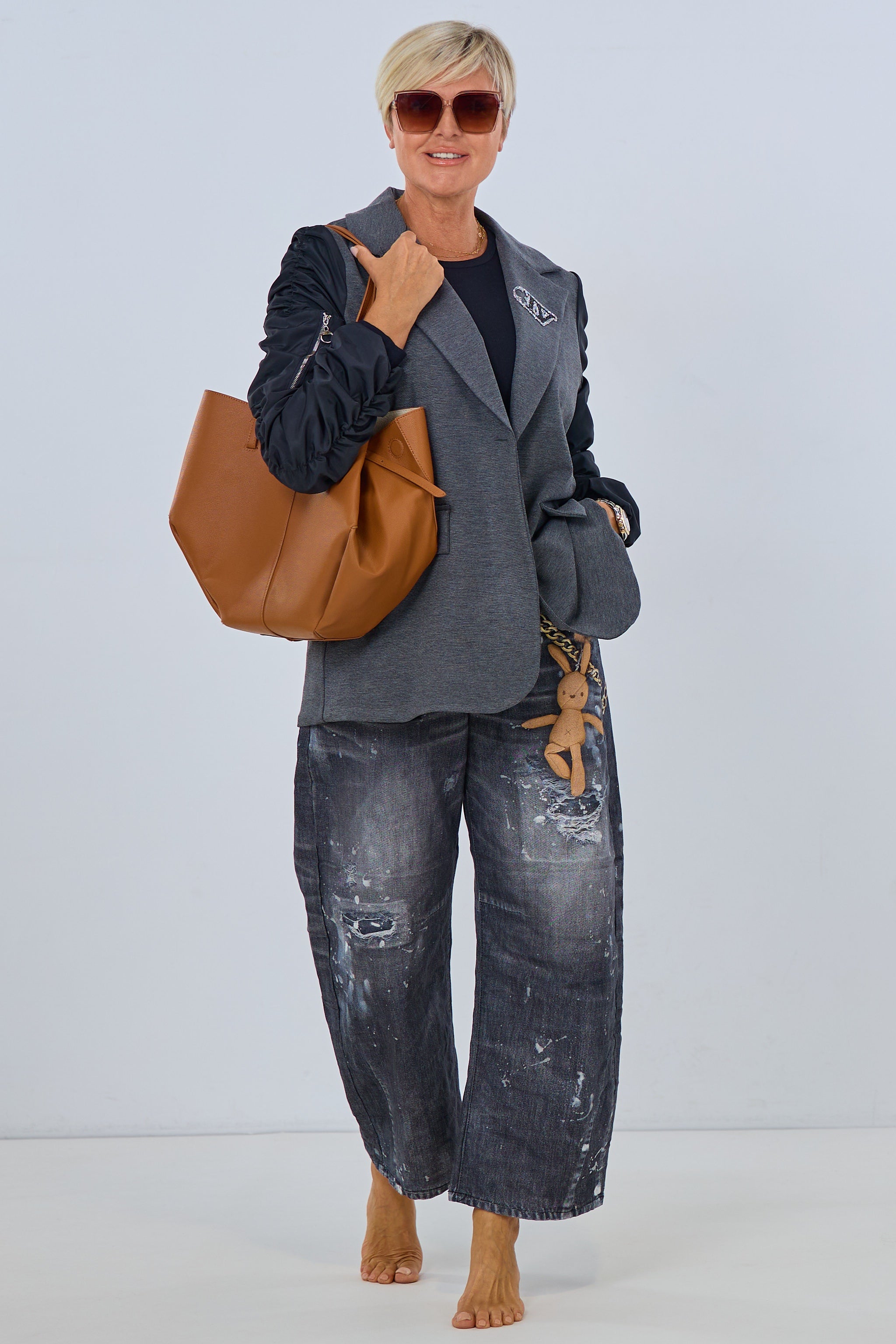 Blazer im Materialmix, grau-schwarz