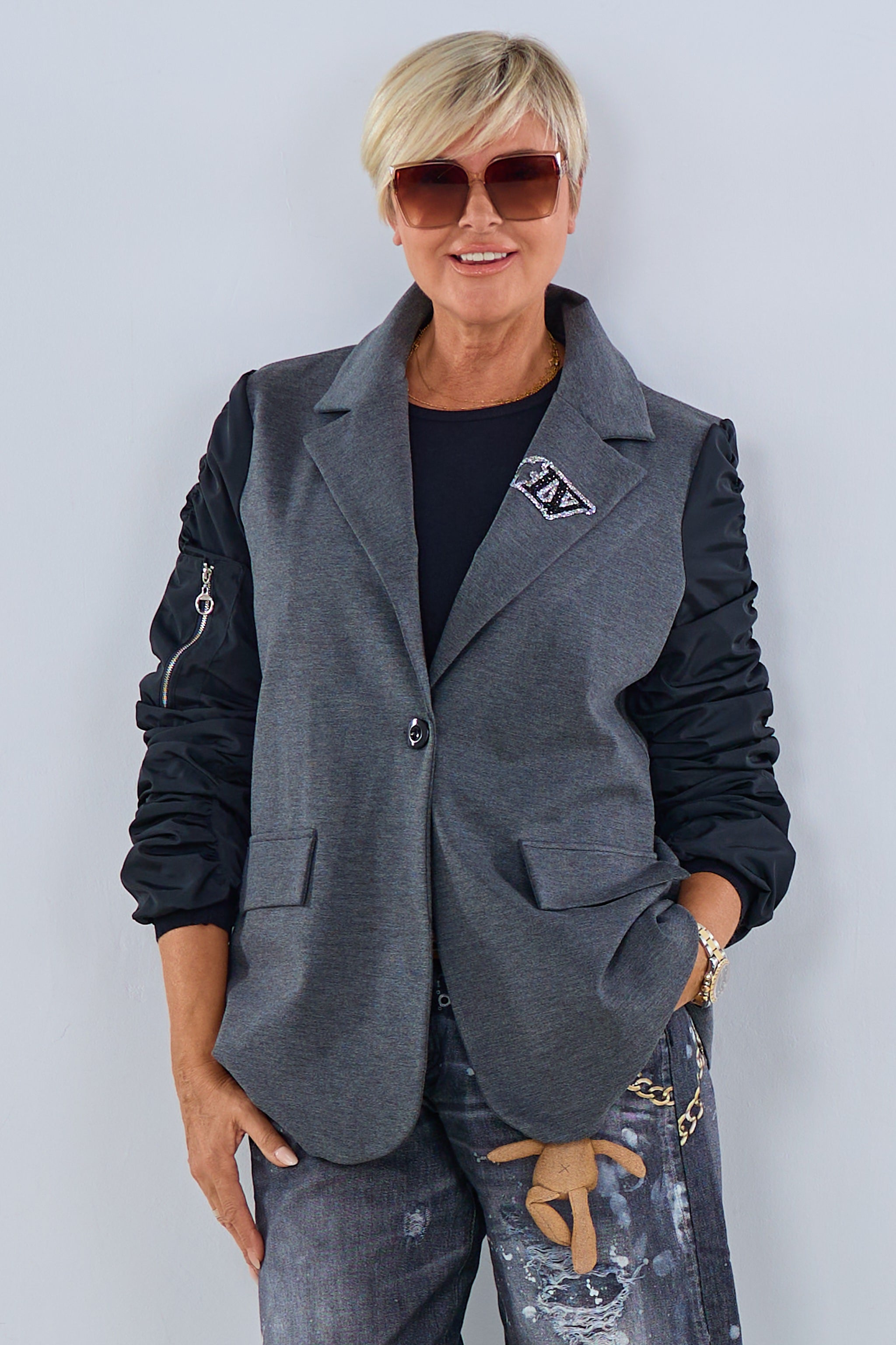 Blazer im Materialmix, grau-schwarz