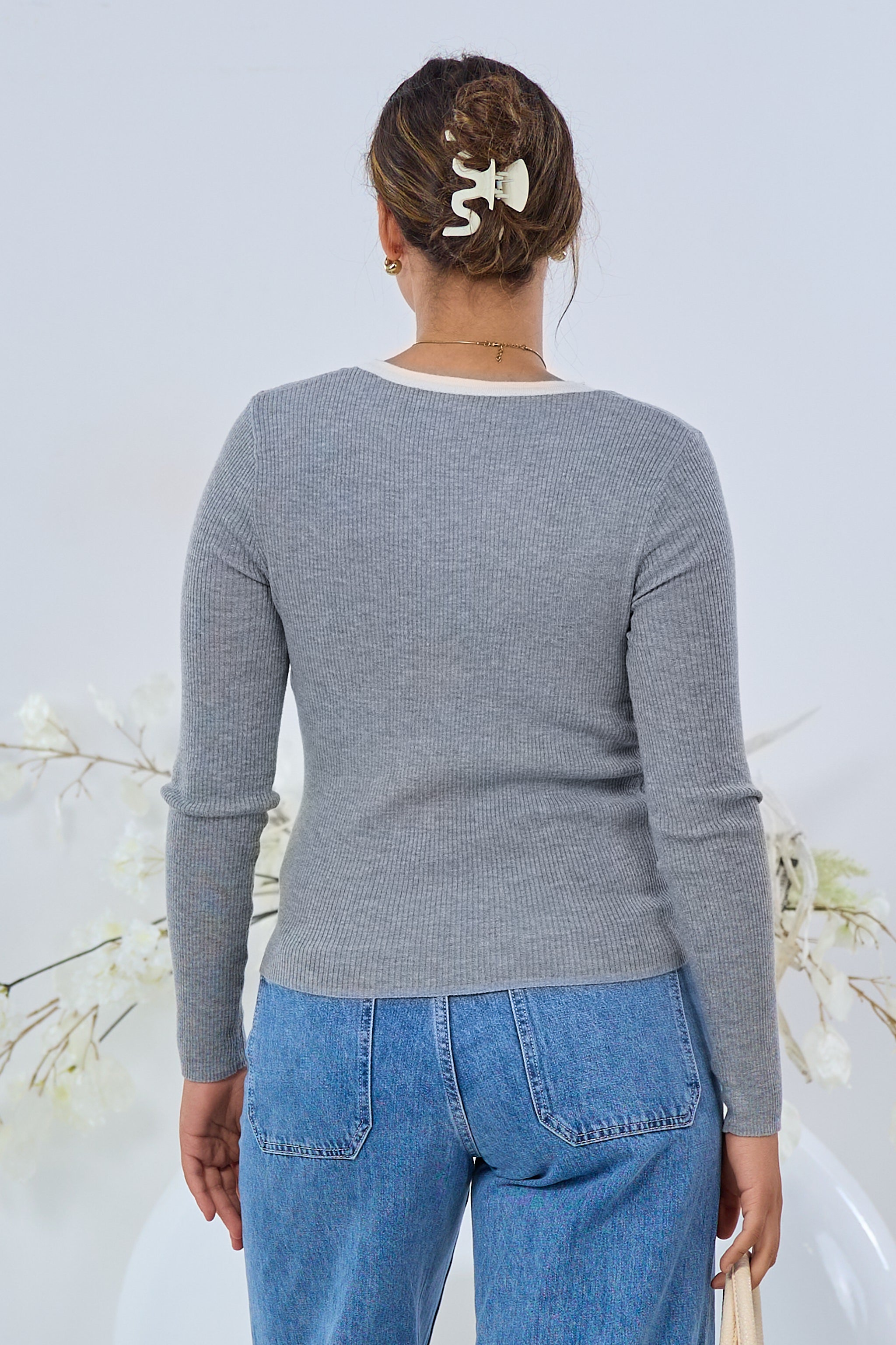 Ripp-Pulli mit doppellagigem Vorderteil, grau-ecru