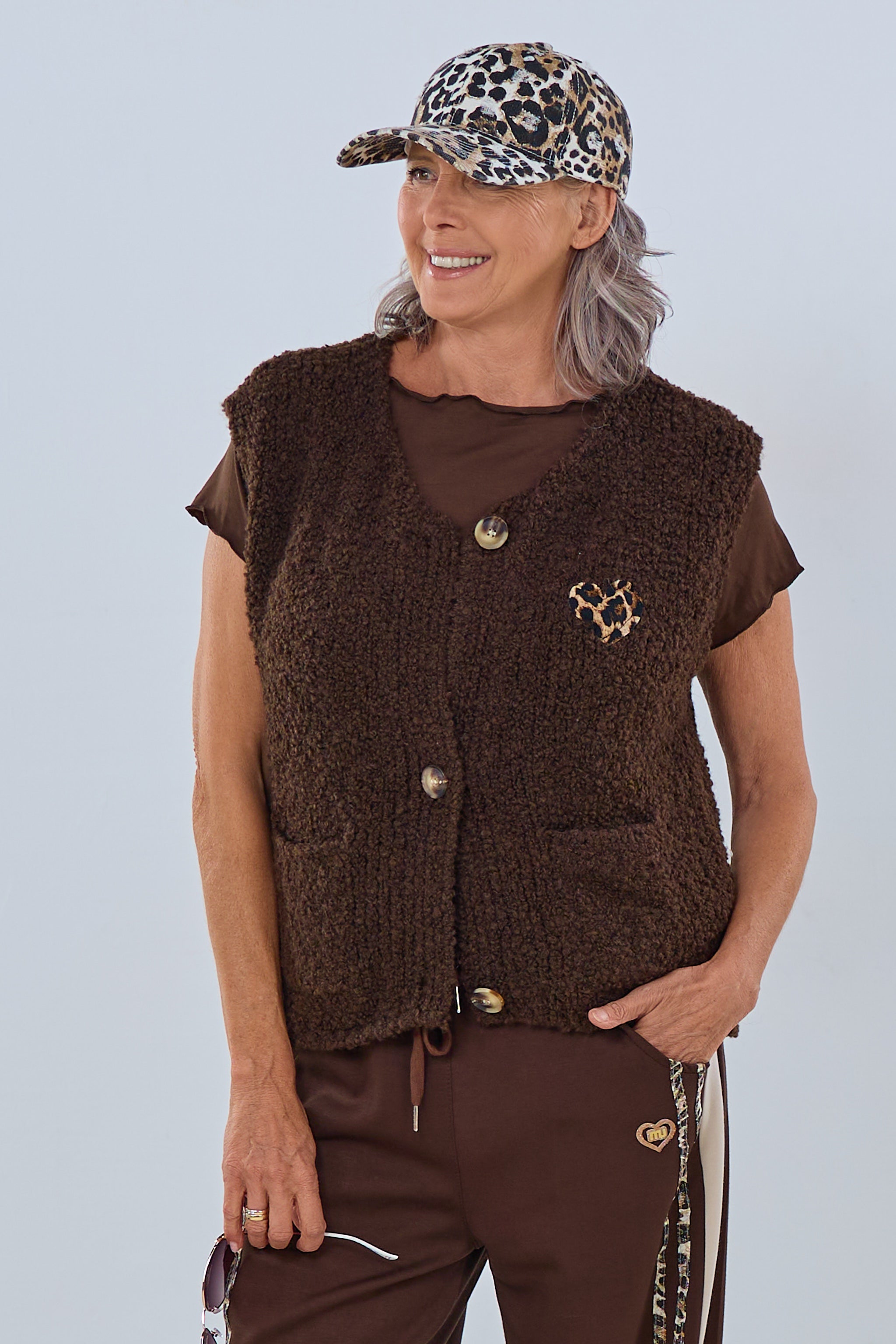 Bouclé Weste mit Herz, dunkelbraun