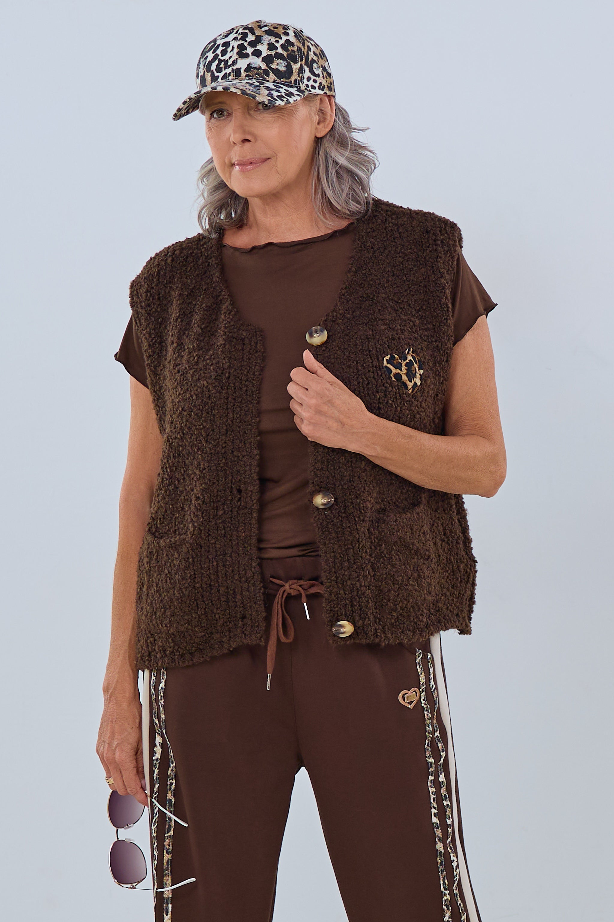 Bouclé Weste mit Herz, dunkelbraun