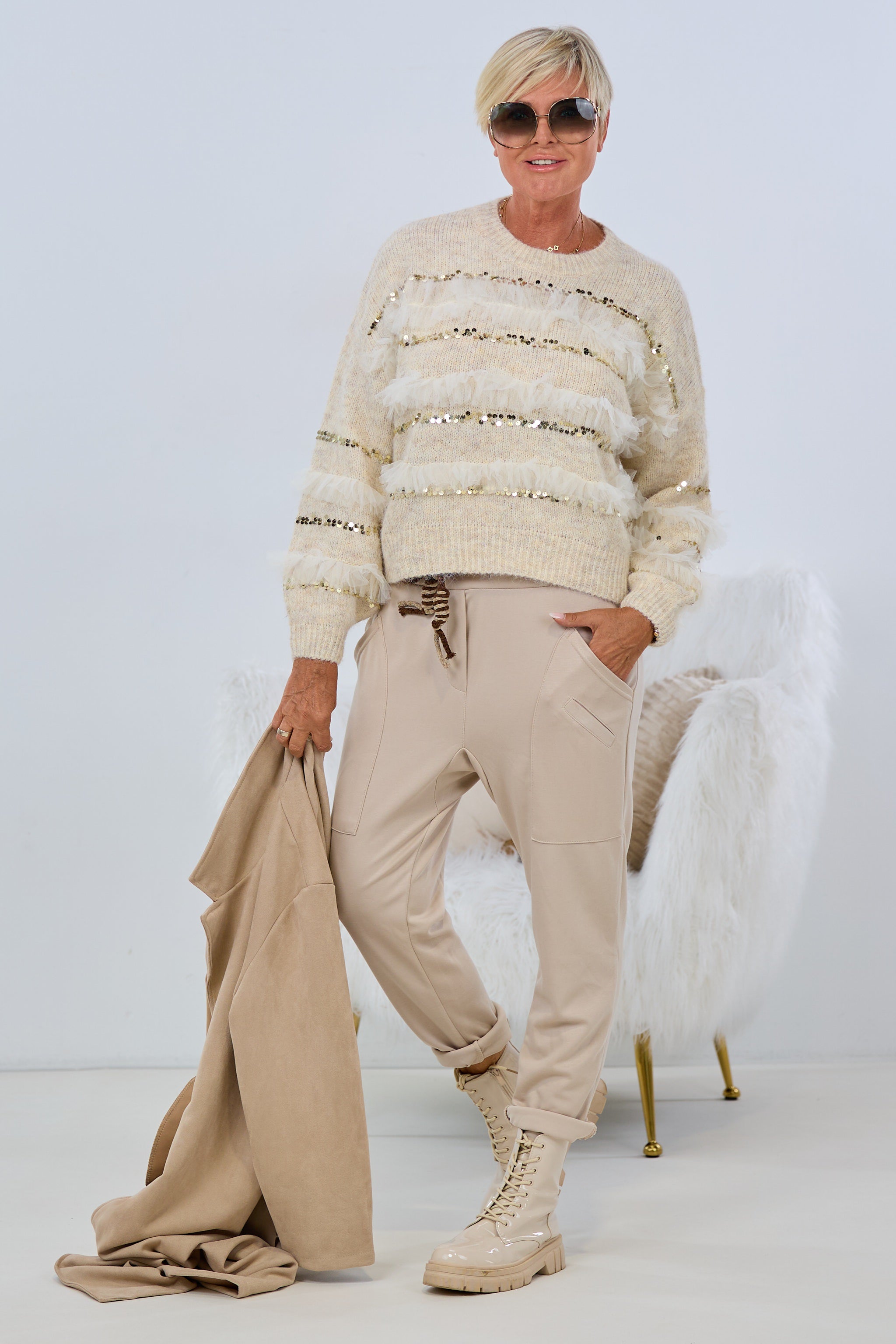 Cozy Hose mit Kordelzug, beige