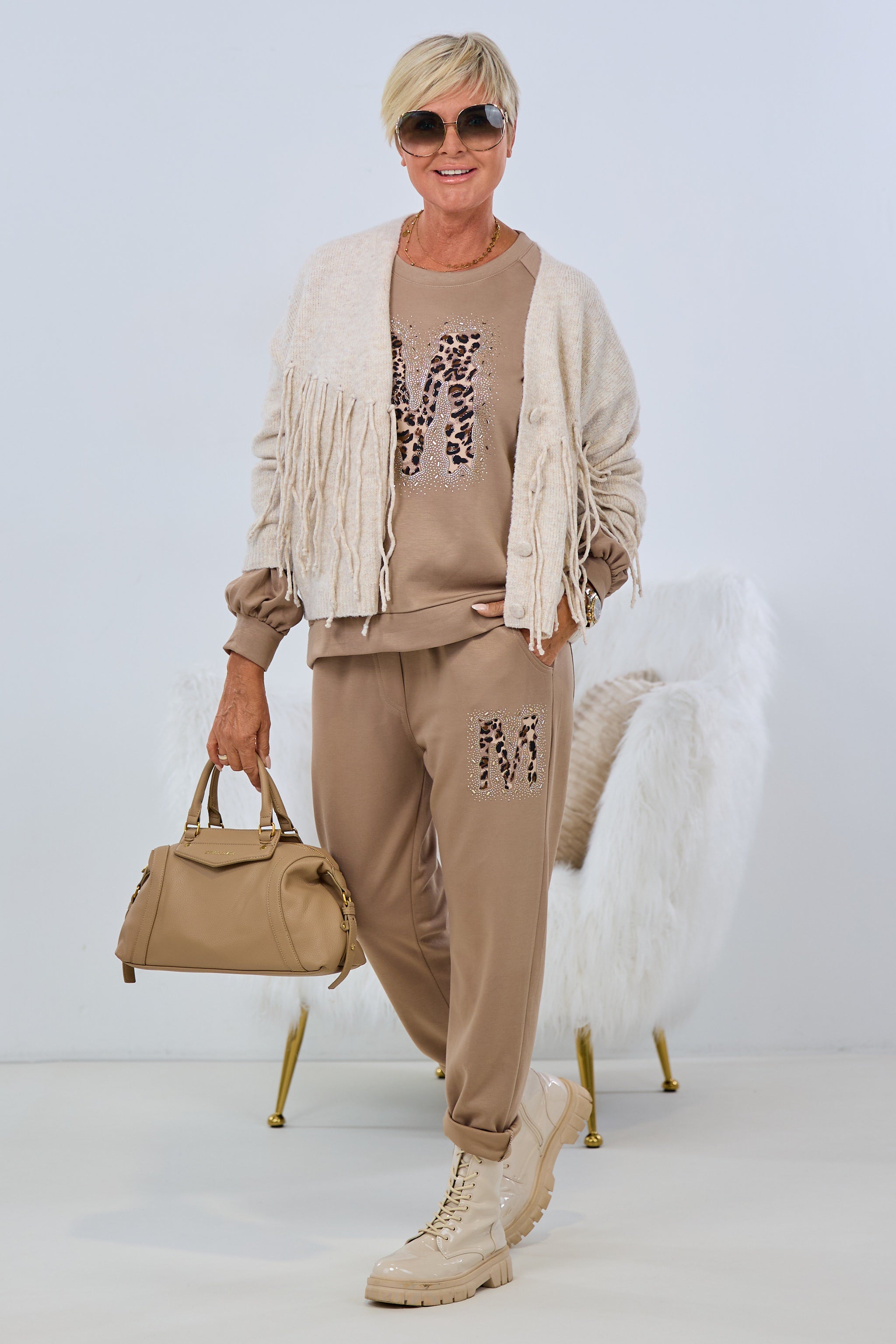Cozy Hose mit Patch und Glitzer, taupe-leo