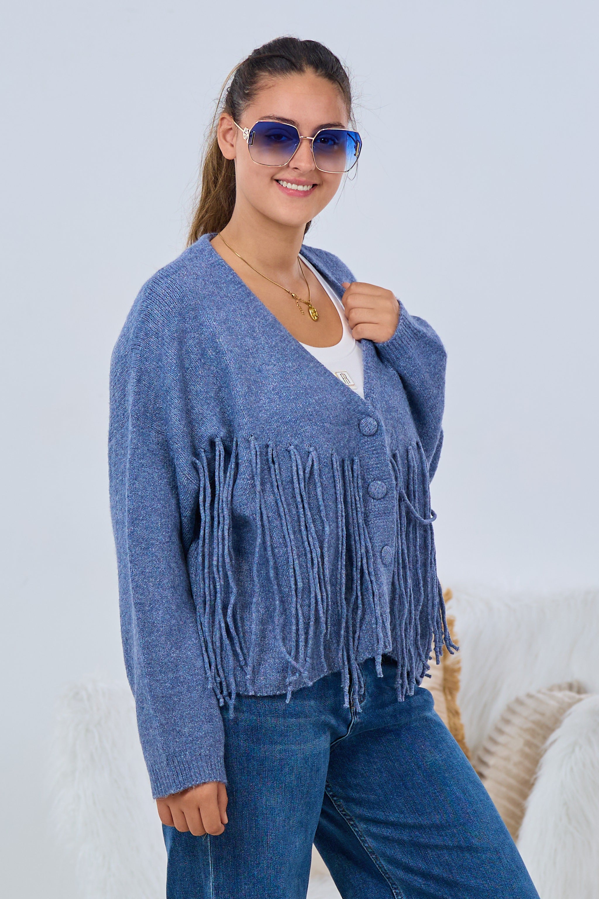 Cardigan mit Zierkordeln, blau