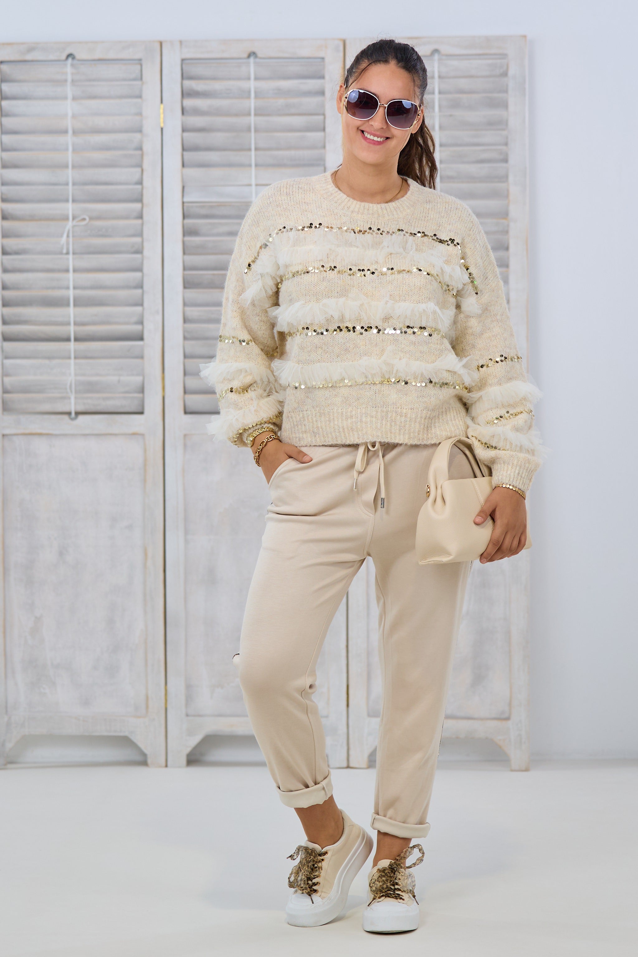Pulli mit Pailletten und Tüll, beige-gold