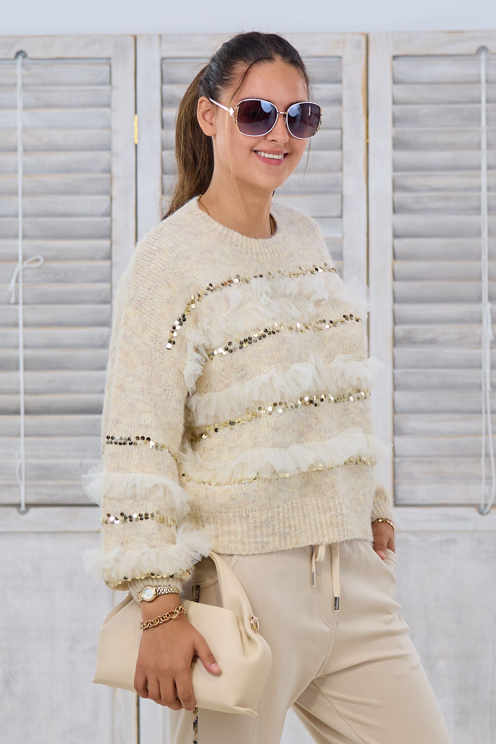 Pulli mit Pailletten und Tüll, beige-gold