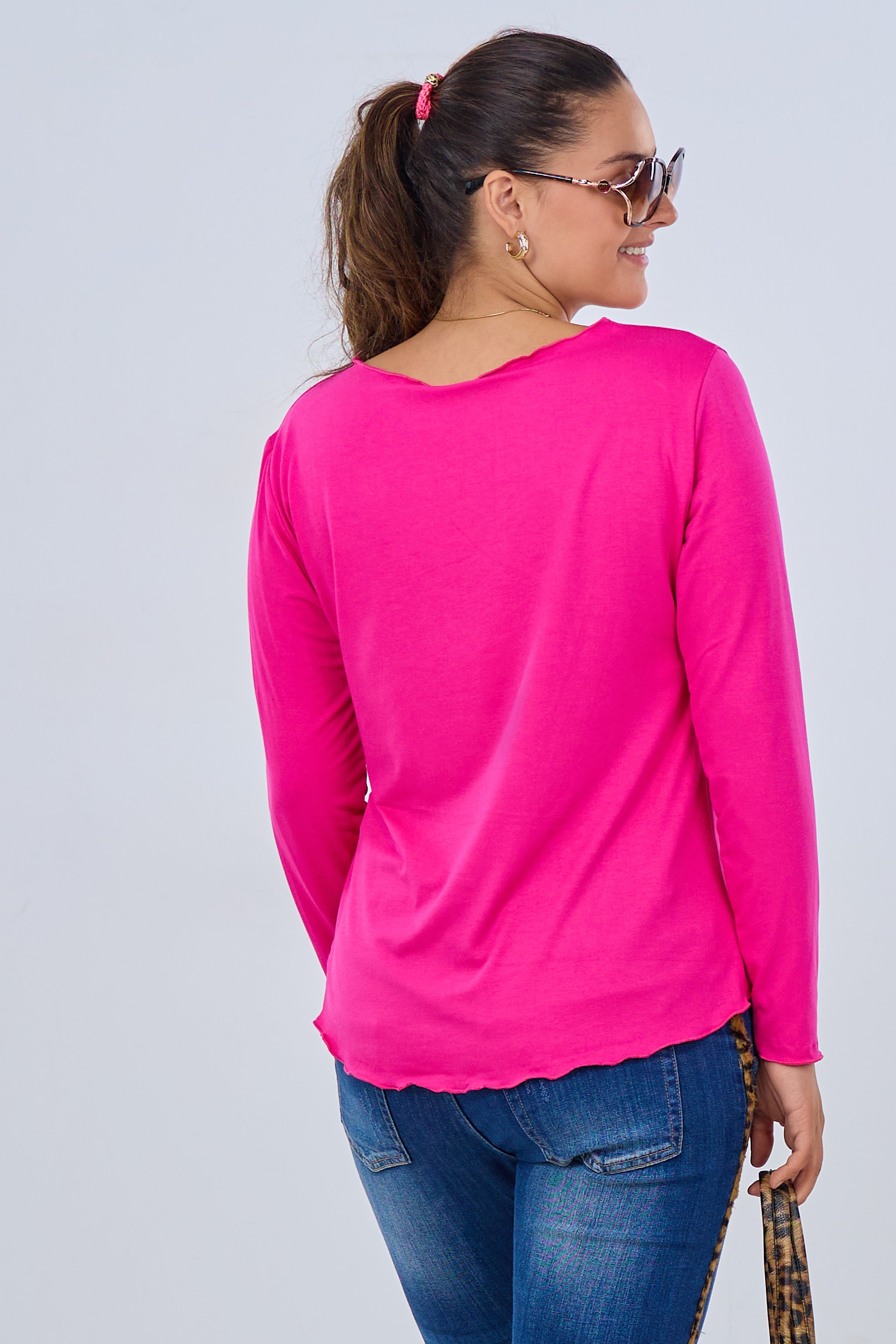 Basic Shirt mit leicht gewellten Abschlüssen, pink
