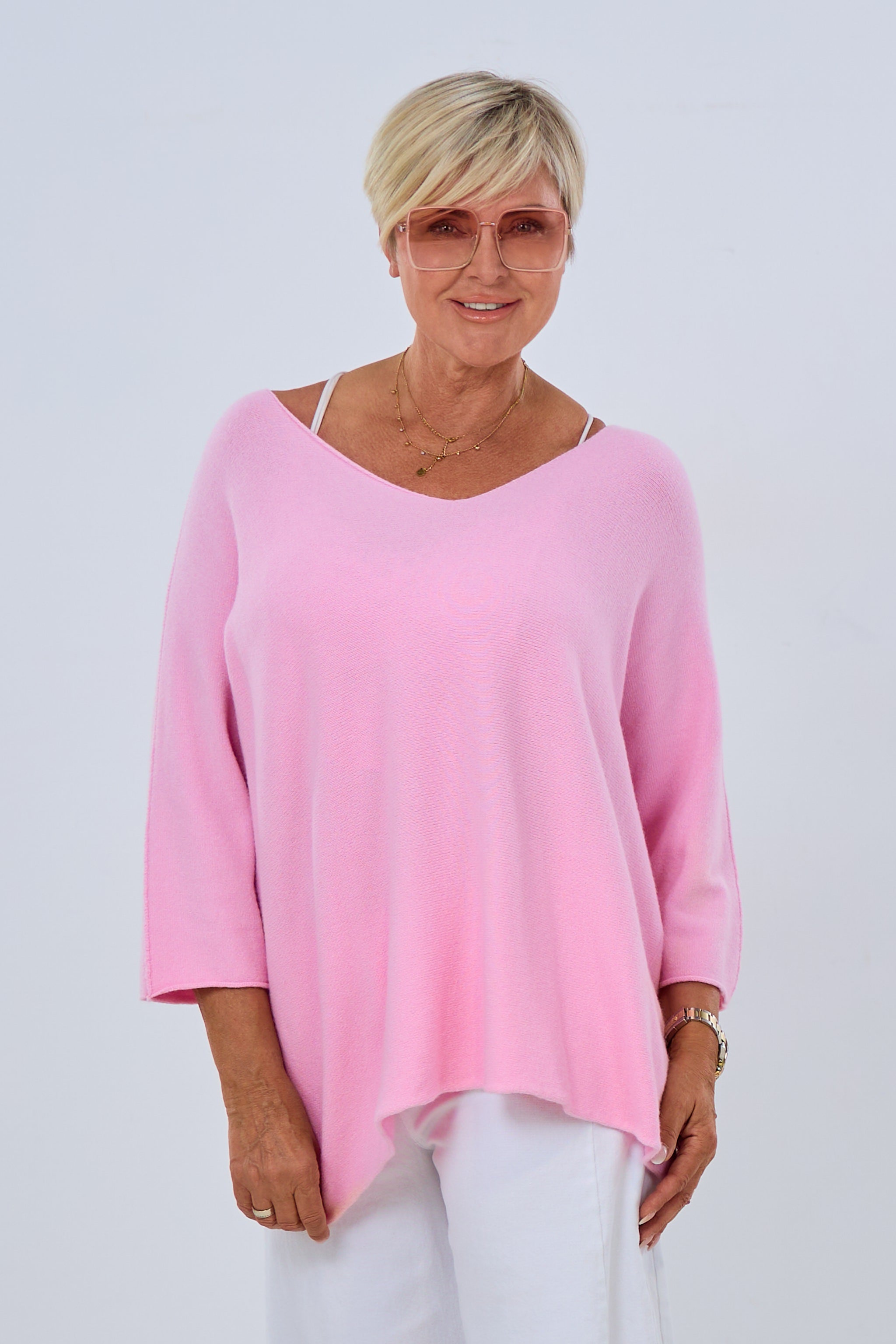 Strickpulli quergestrickt mit V-Ausschnitt, rosa