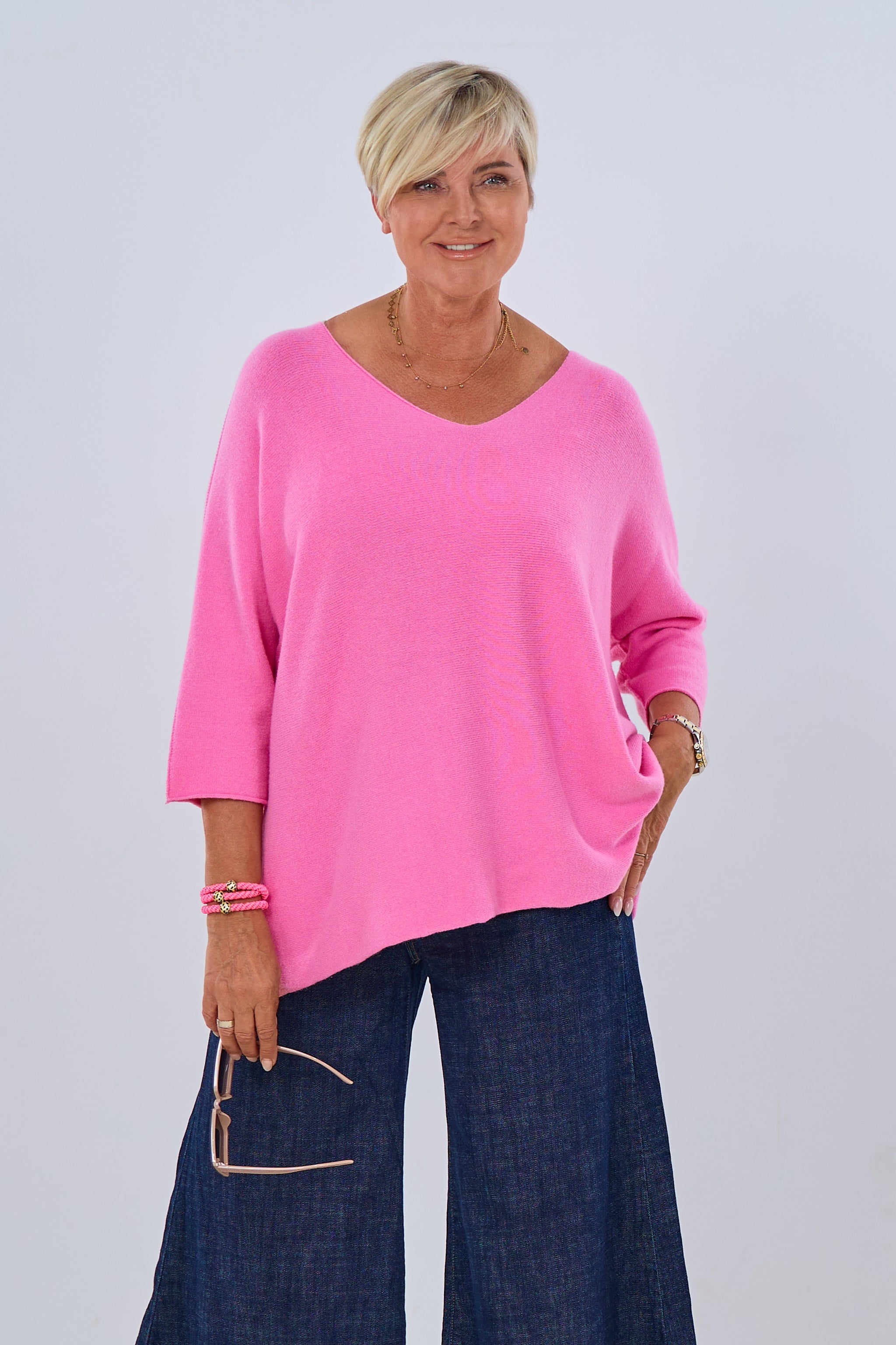 Strickpulli quergestrickt mit V-Ausschnitt, candy rosa