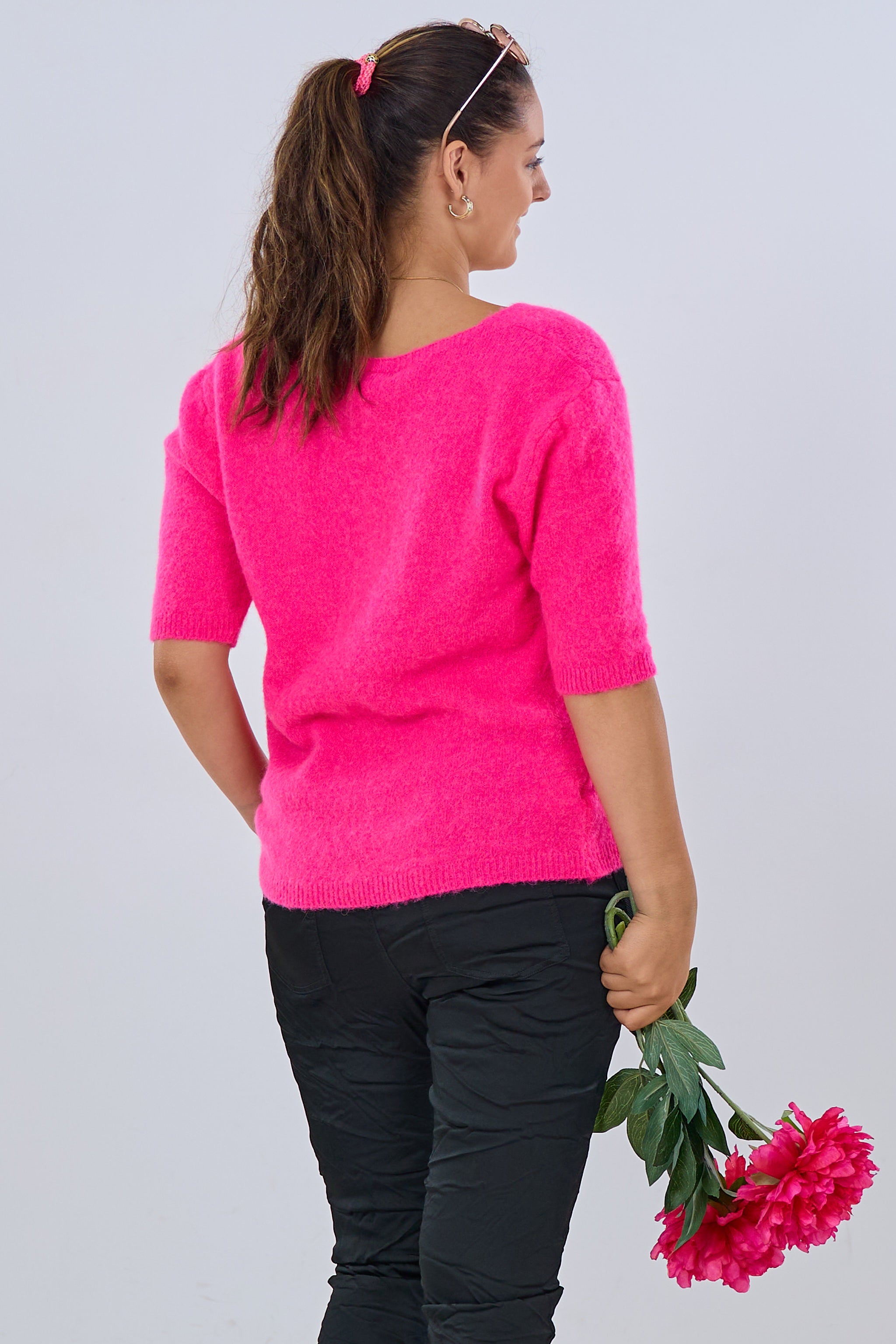 Kurzarm Strickpulli mit V-Ausschnitt, pink