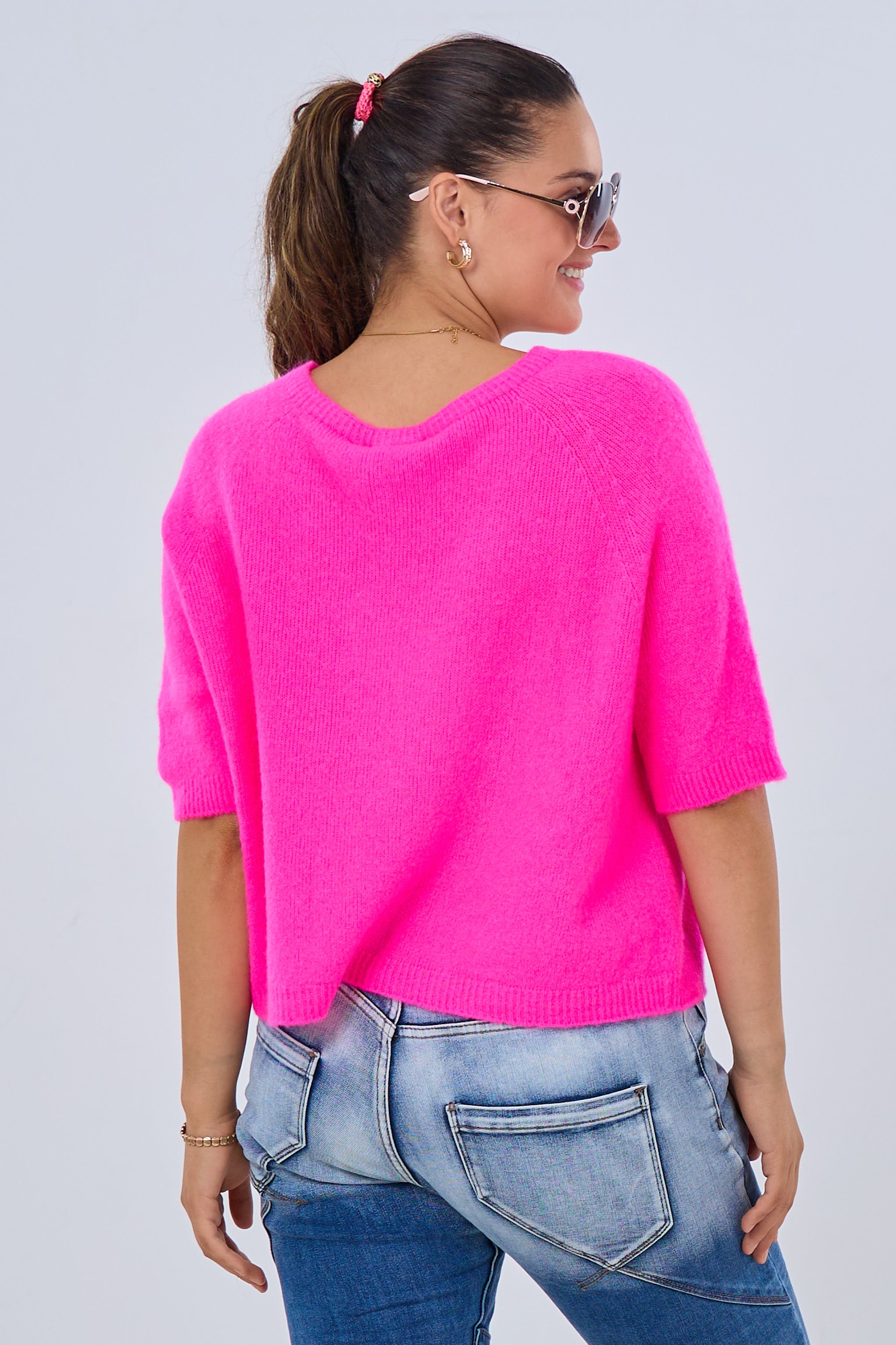 Kurzarm Strickpulli, neon pink