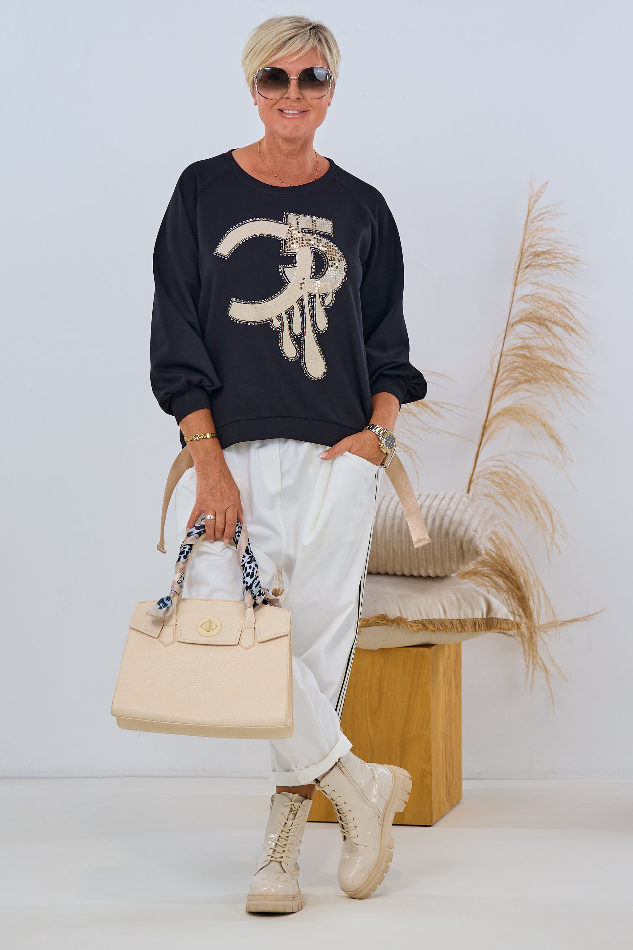 Langarm Shirt mit Glitzermotiv, schwarz-beige