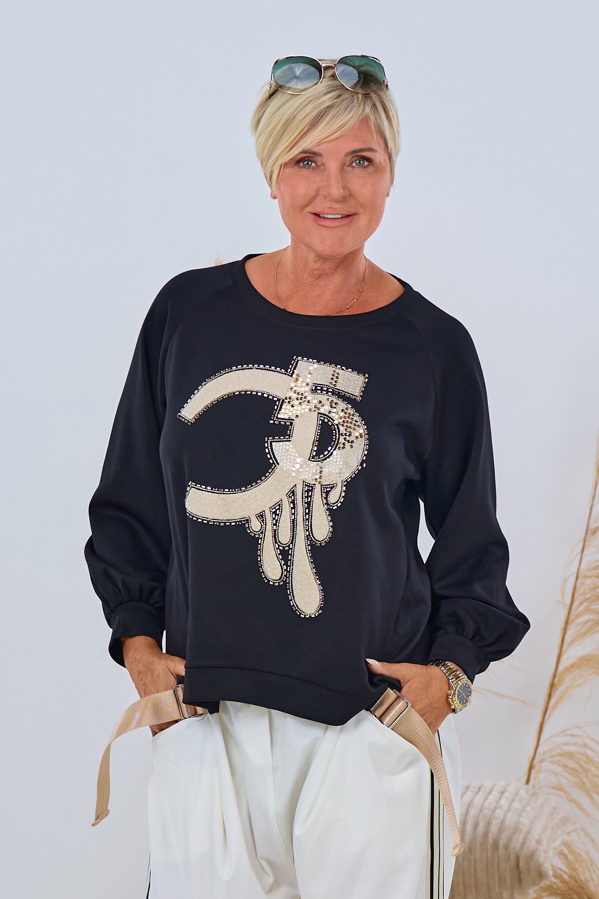 Langarm Shirt mit Glitzermotiv, schwarz-beige