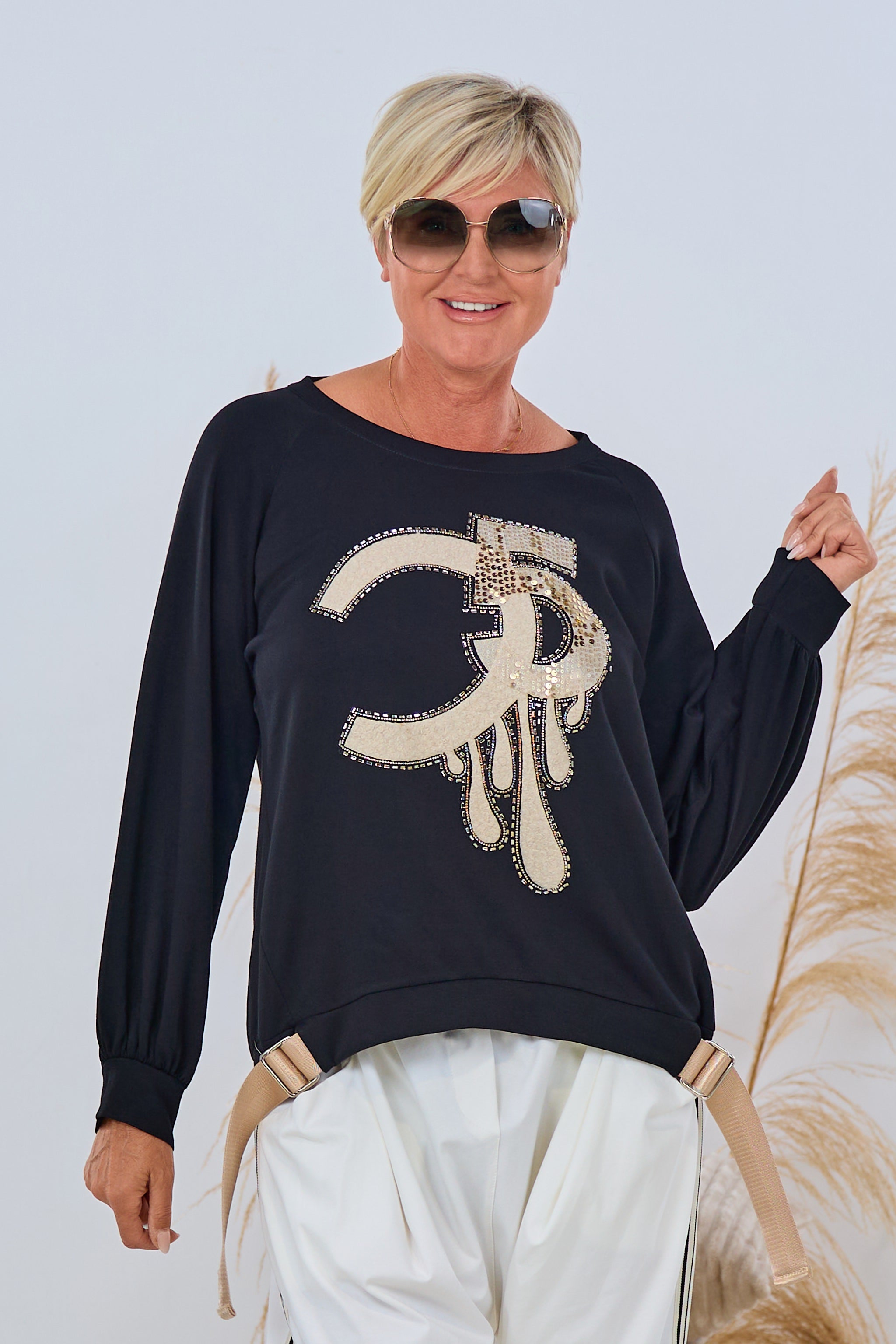 Langarm Shirt mit Glitzermotiv, schwarz-beige