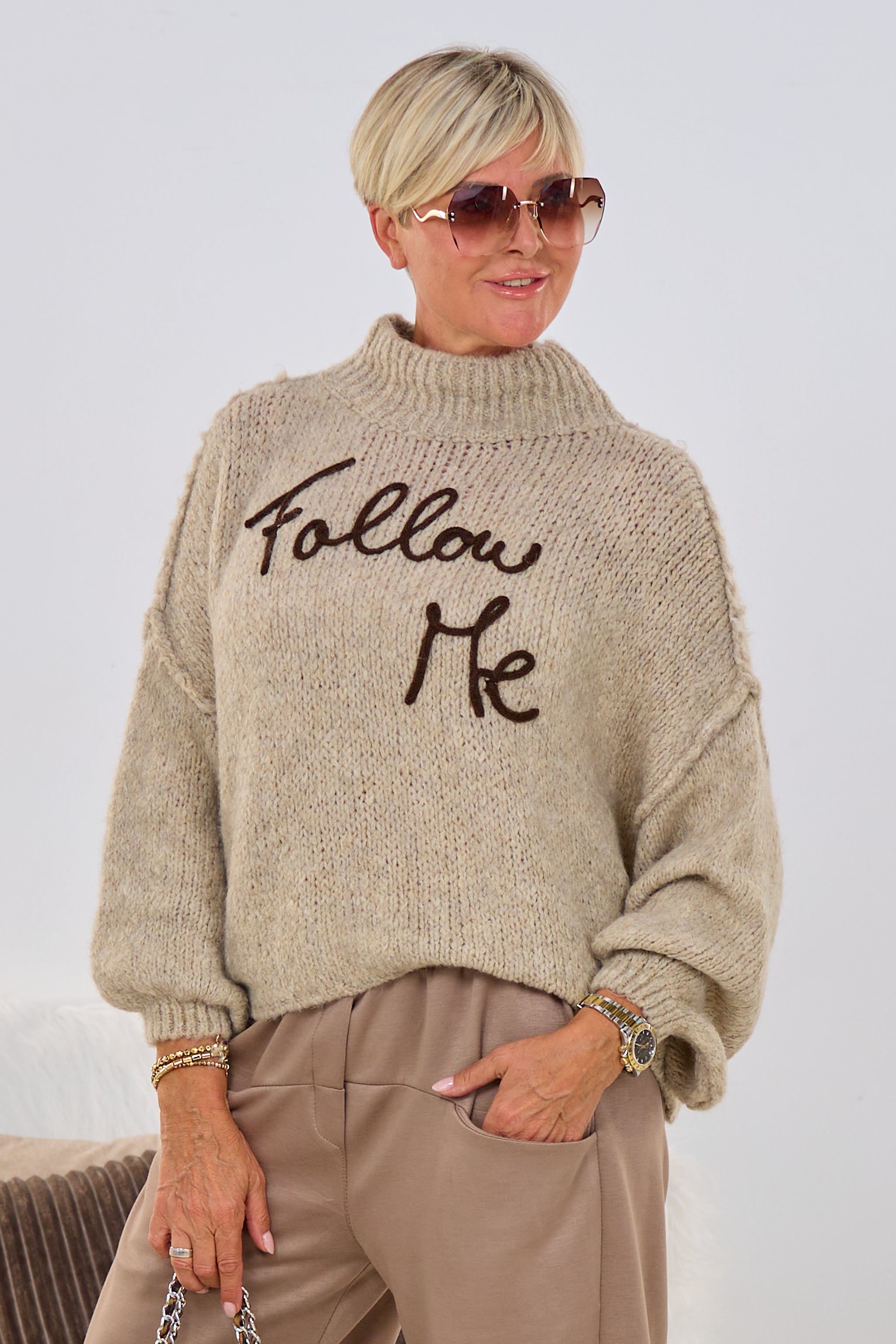 Grober Strickpullover Follow Me, beige-melliert