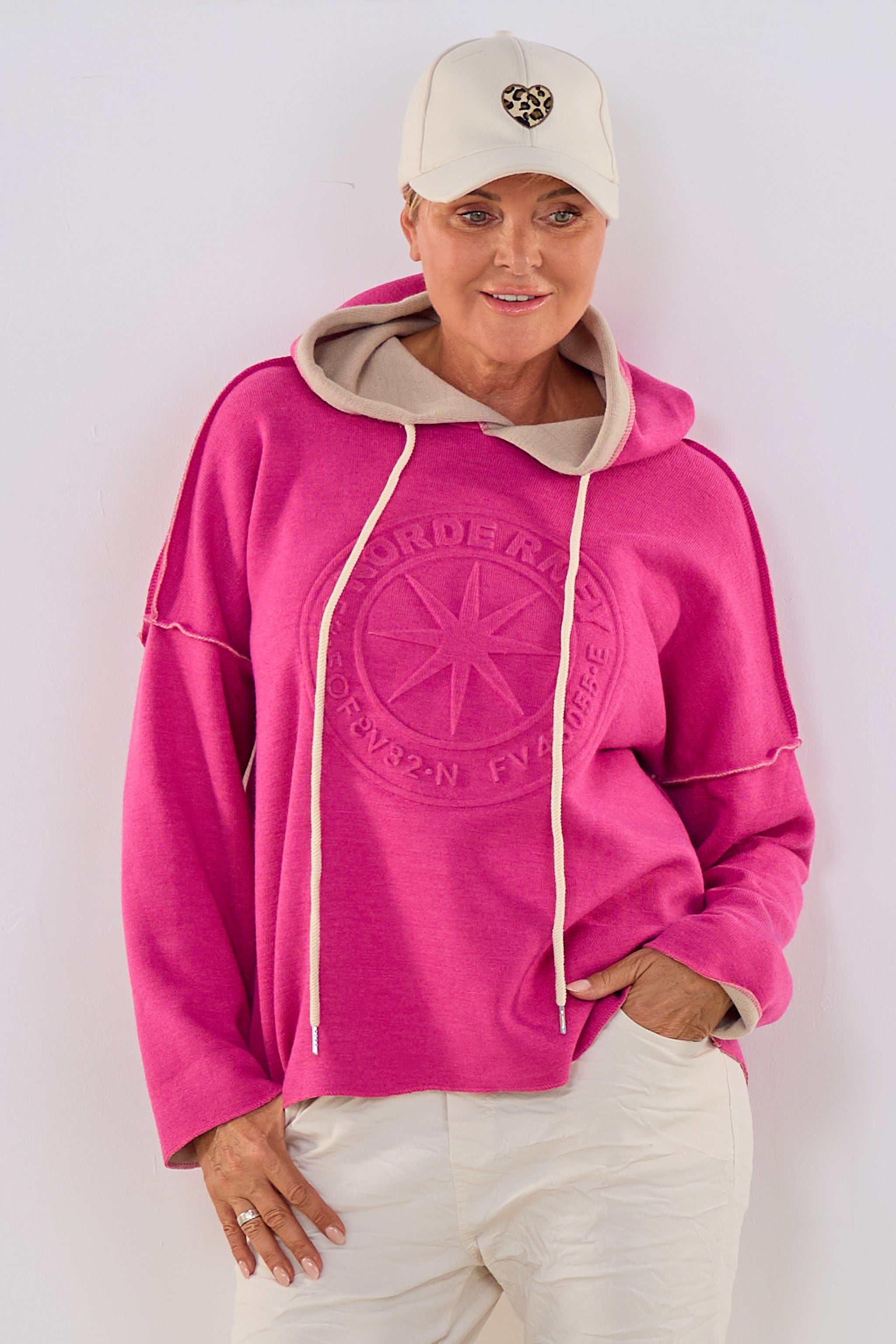 Fine-knit hoodie Norderney bicolor, pink-beige