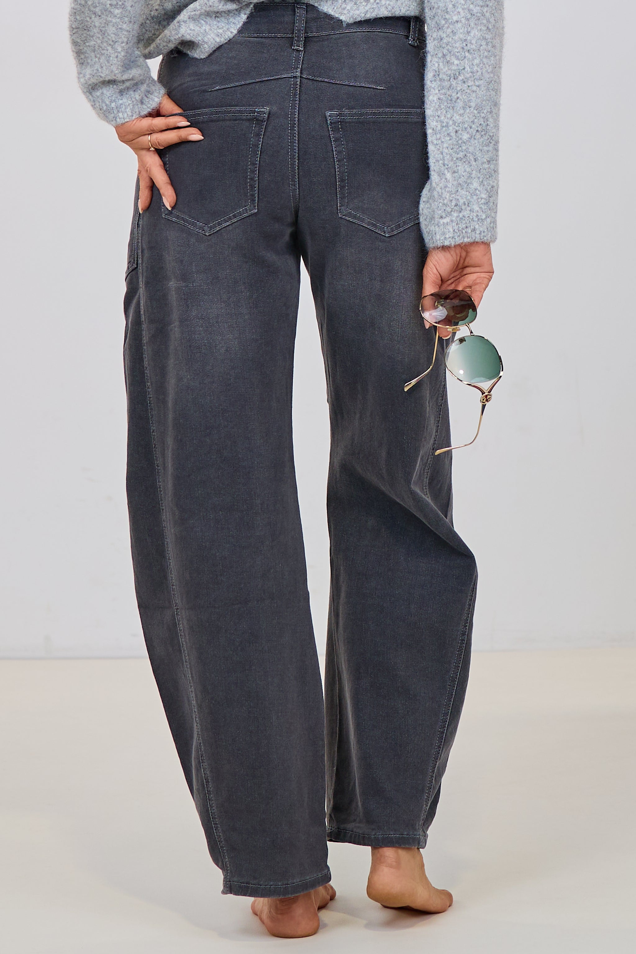 Mid Waist Balloon-Jeans mit Kordelzug, anthrazit