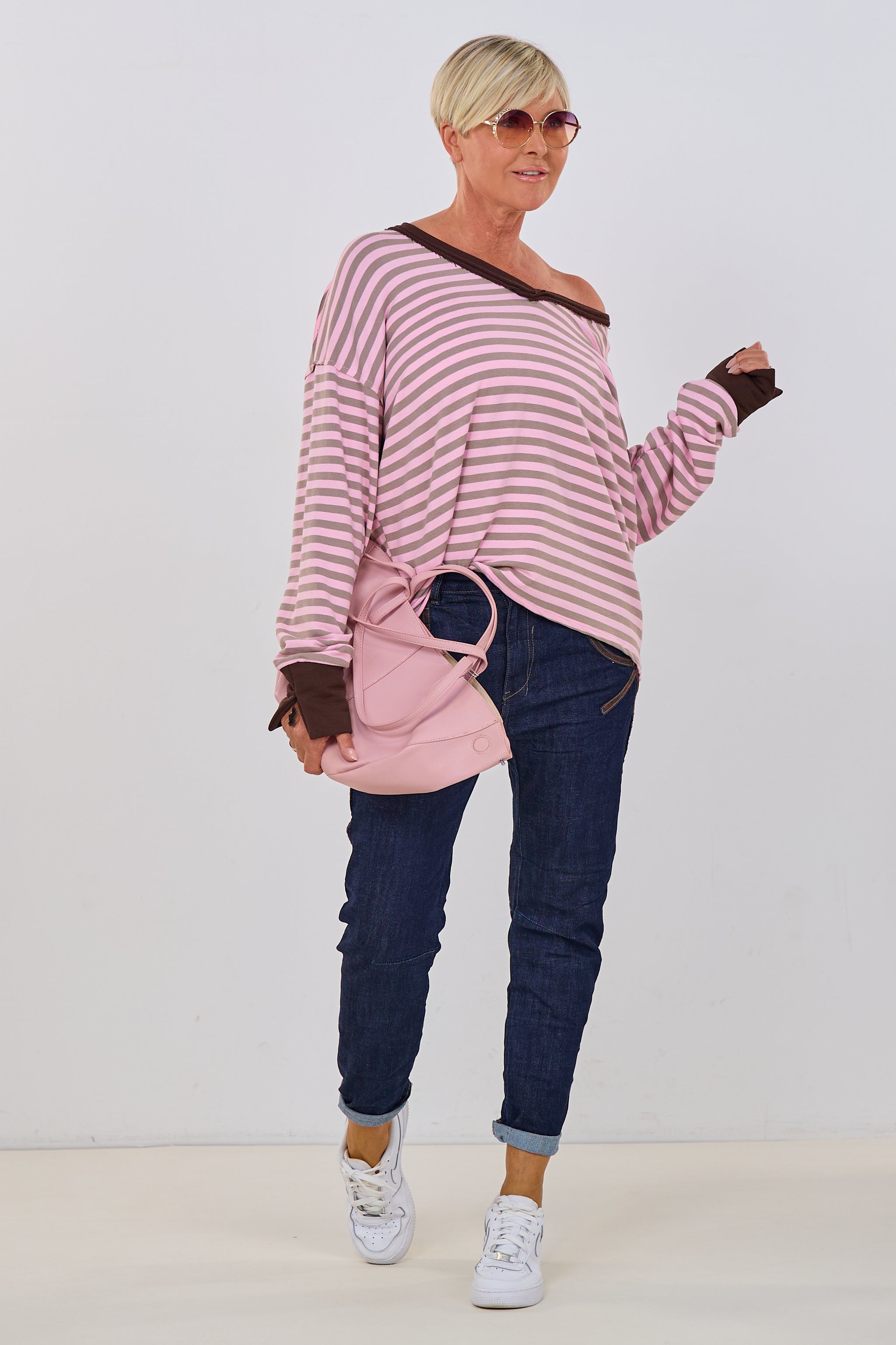 geringeltes Sweaty mit V-Ausschnitt, rosa-taupe