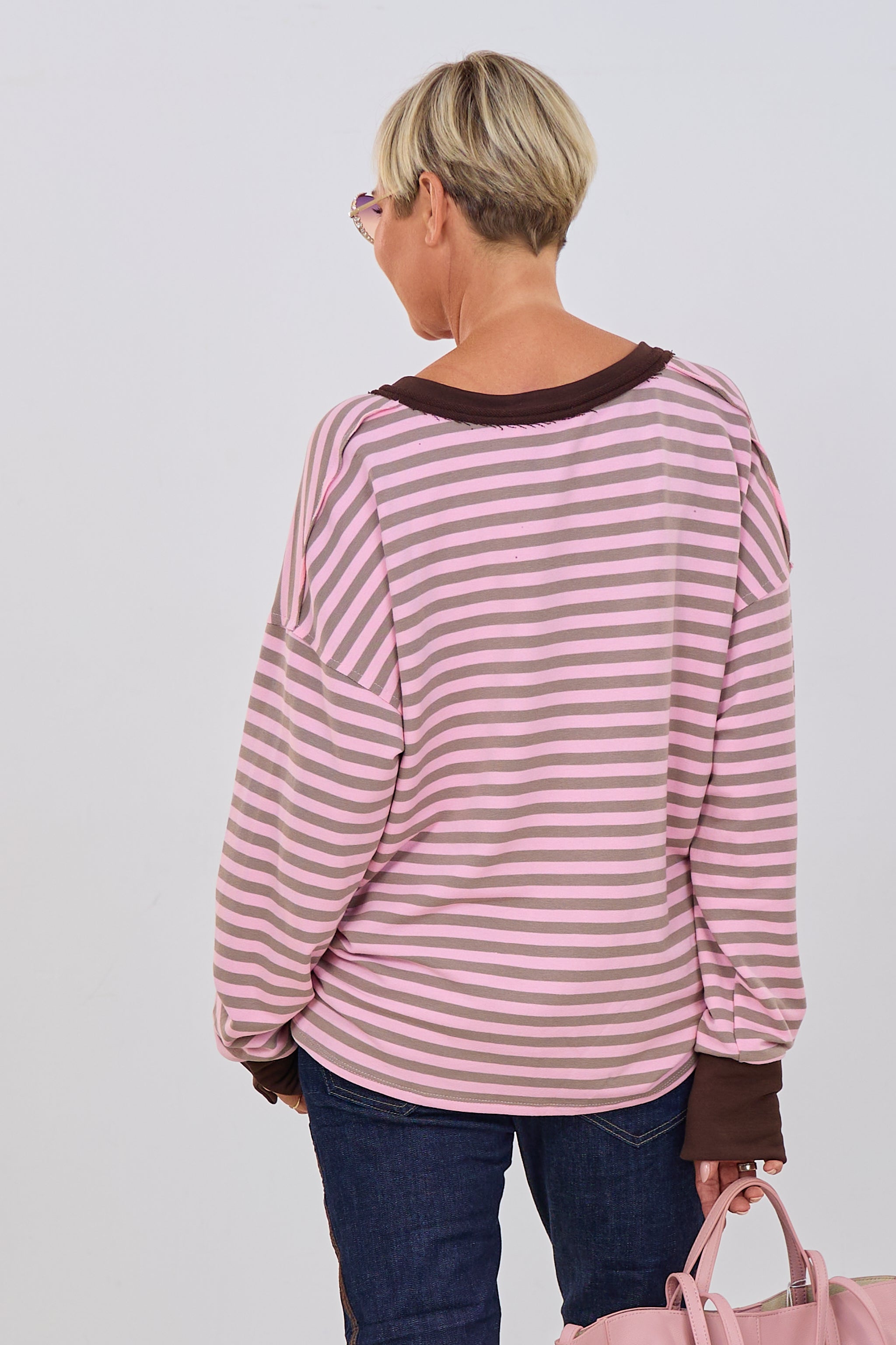 geringeltes Sweaty mit V-Ausschnitt, rosa-taupe