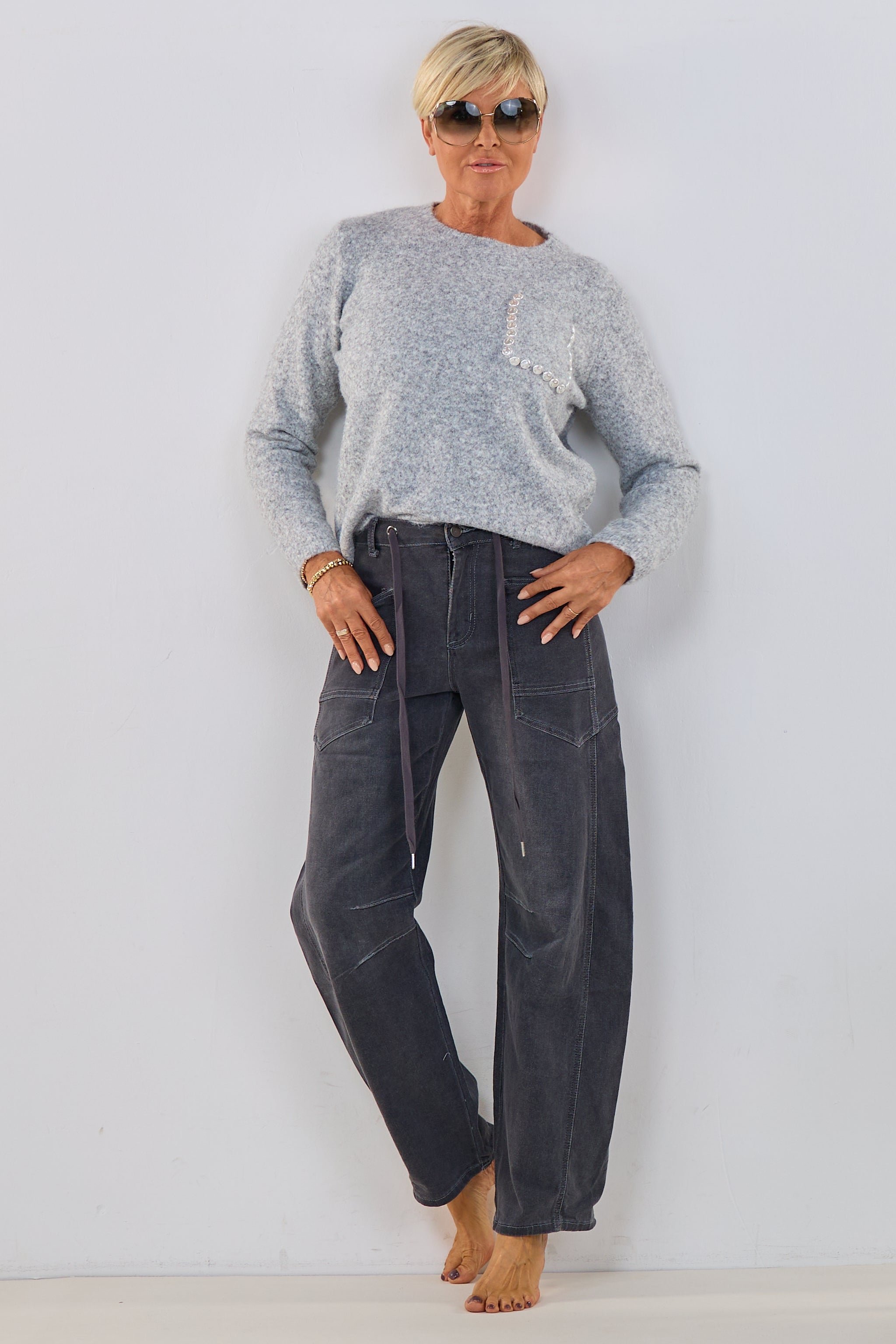 Strickpulli mit Brusttasche, grau-melliert