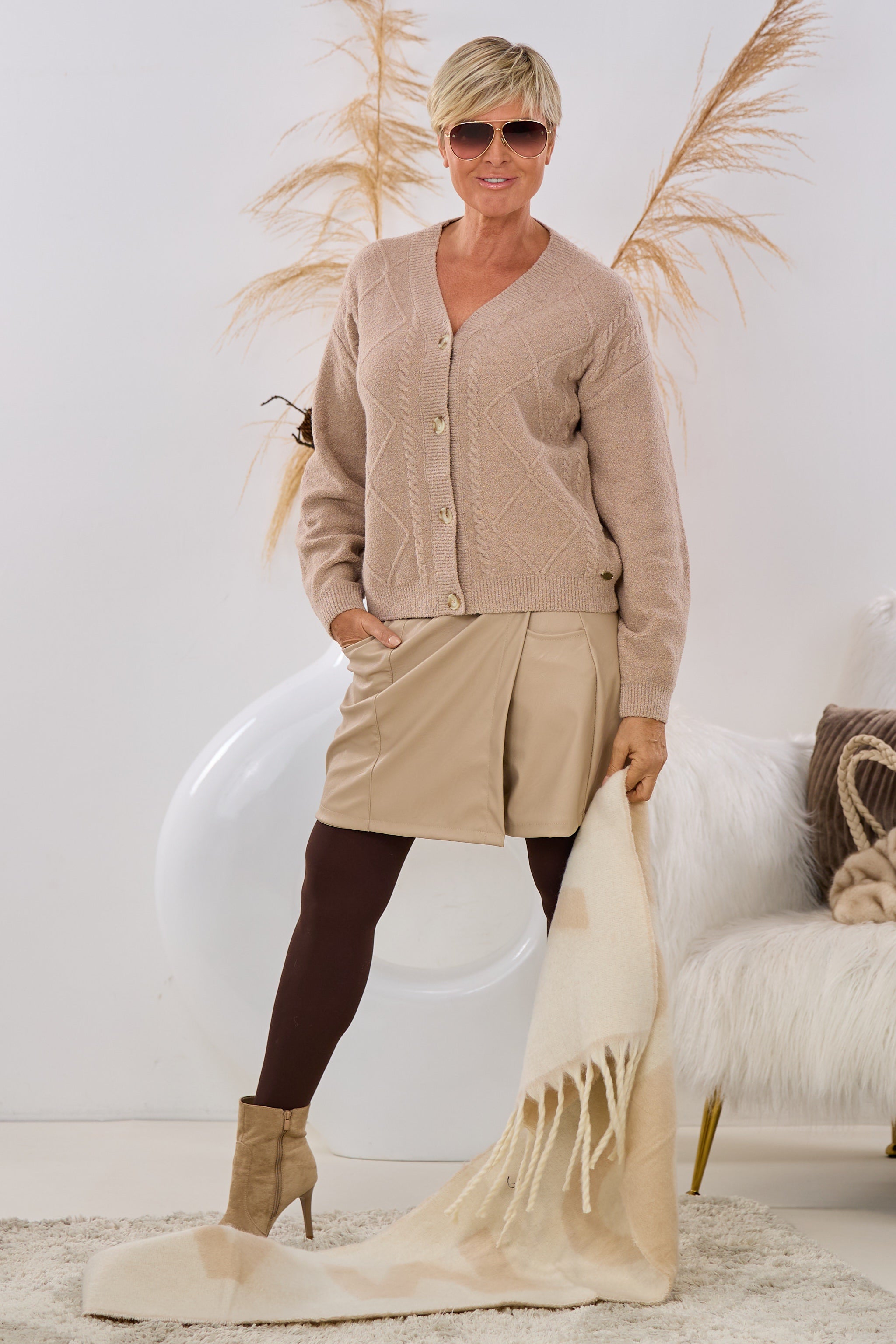 Strickjacke mit Zopf- und Argylemuster, beige-melange