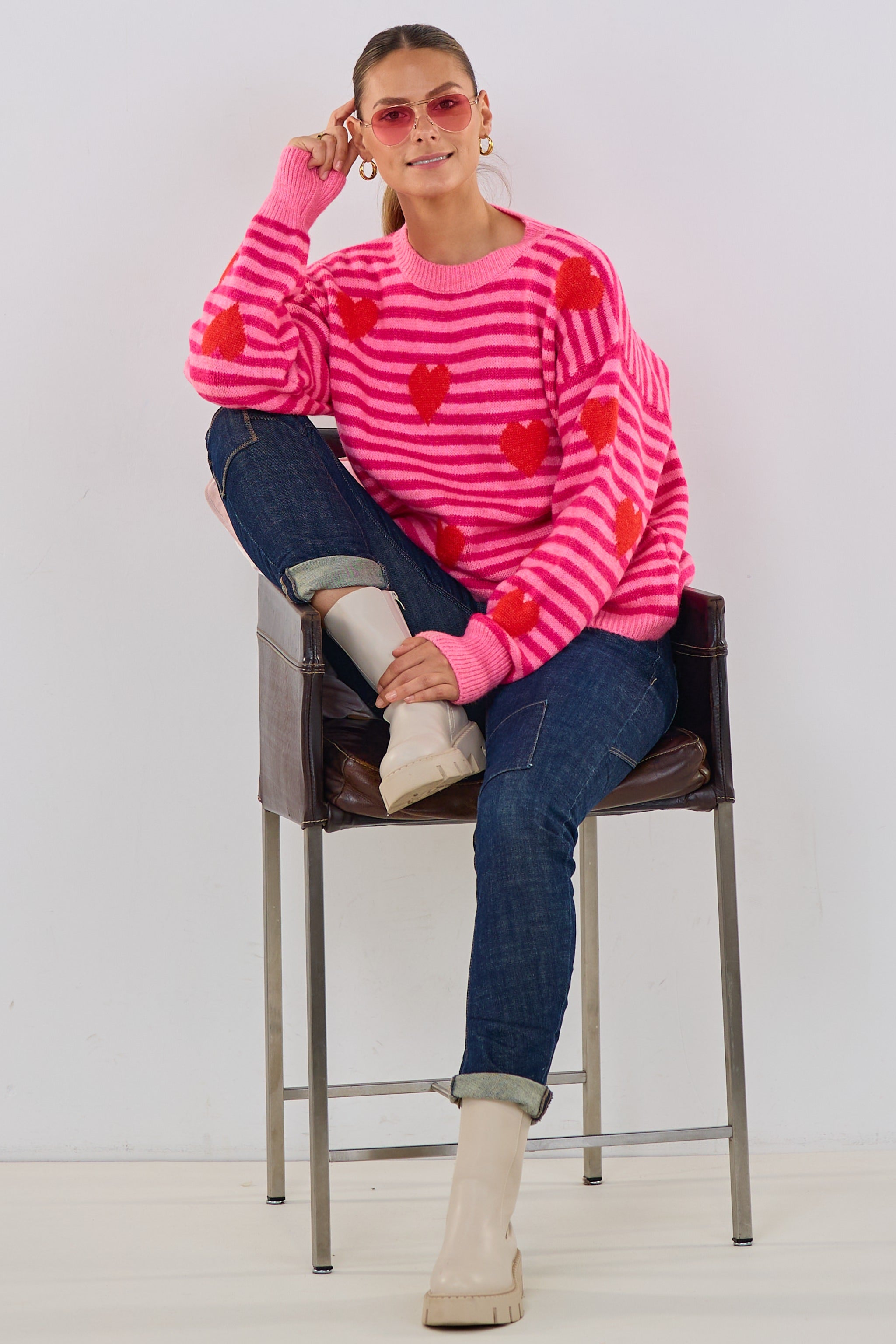 geringelter Pulli mit Herzen, pink-rosa-rot