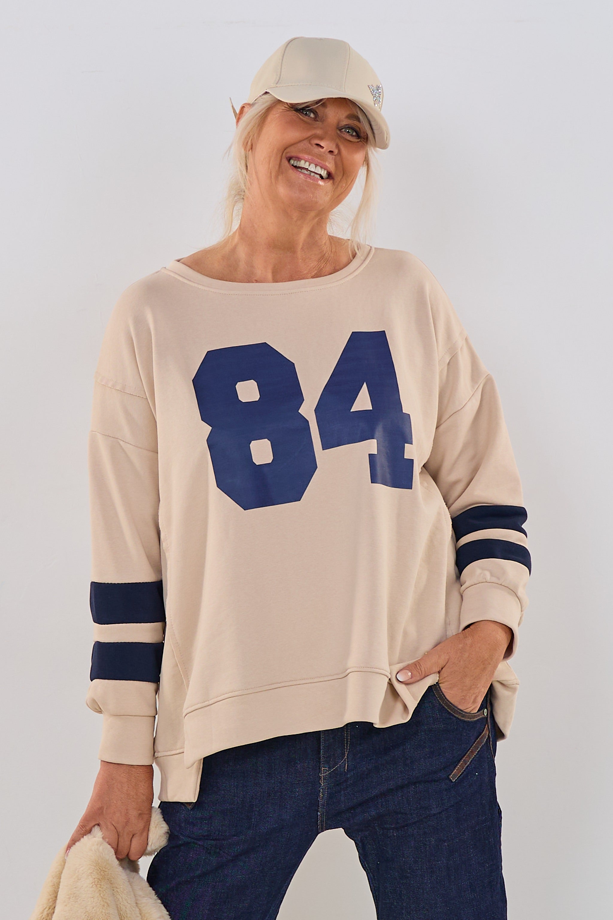 Sweaty mit Print und Streifen, beige-blau