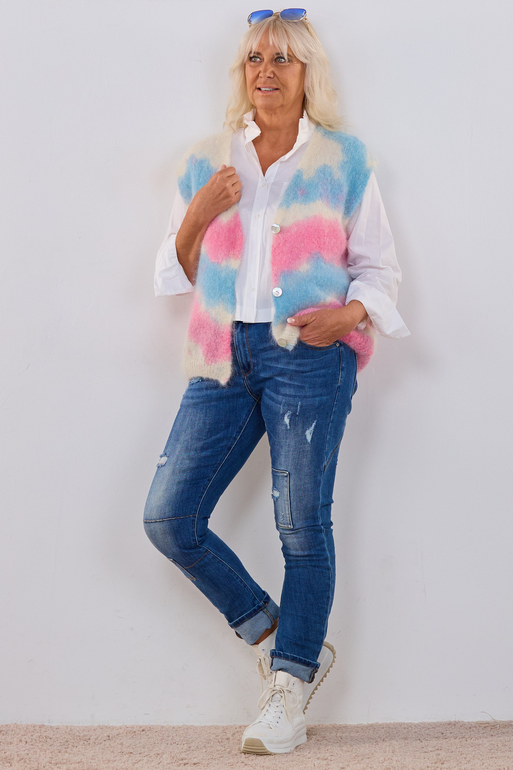Mohair Weste, pink-blau-creme